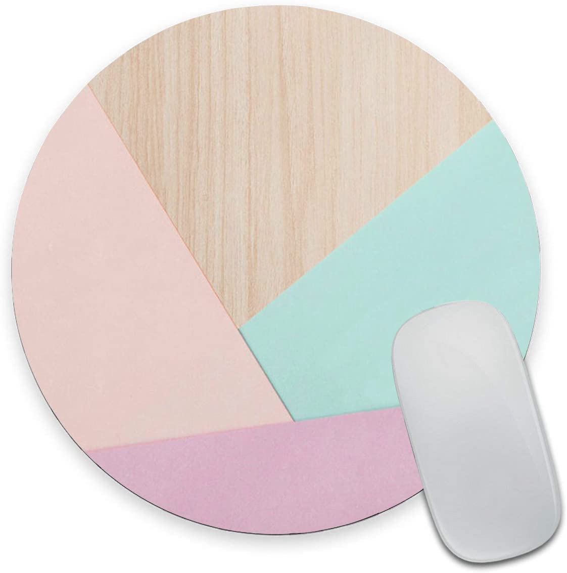 Round Wooden Mouse Pad - Pink, Green & Purple Splice Design, Washable Gaming Mousepad with Lycra Cloth & Non-Slip Rubber Base for Wireless Mouse - Perfect for Office, Gaming & Home Computer Use
