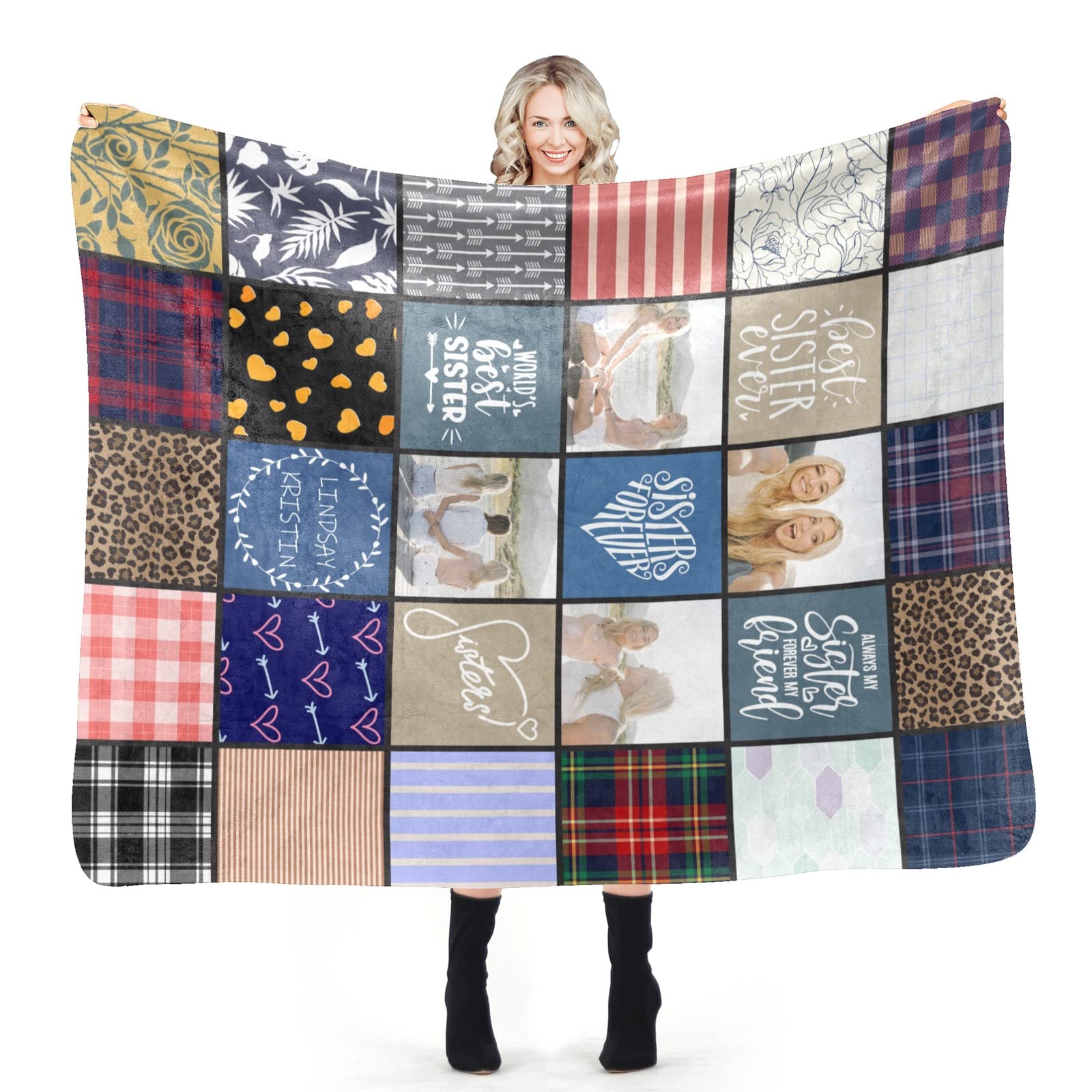 Custom Sister Photo Blanket with Name - Personalized Sherpa Fleece Blanket (50x60 inches) - Heartwarming Birthday Gift for Sister, Best Friend & Family - Perfect for Christmas, Anniversaries & Cozy Nights
