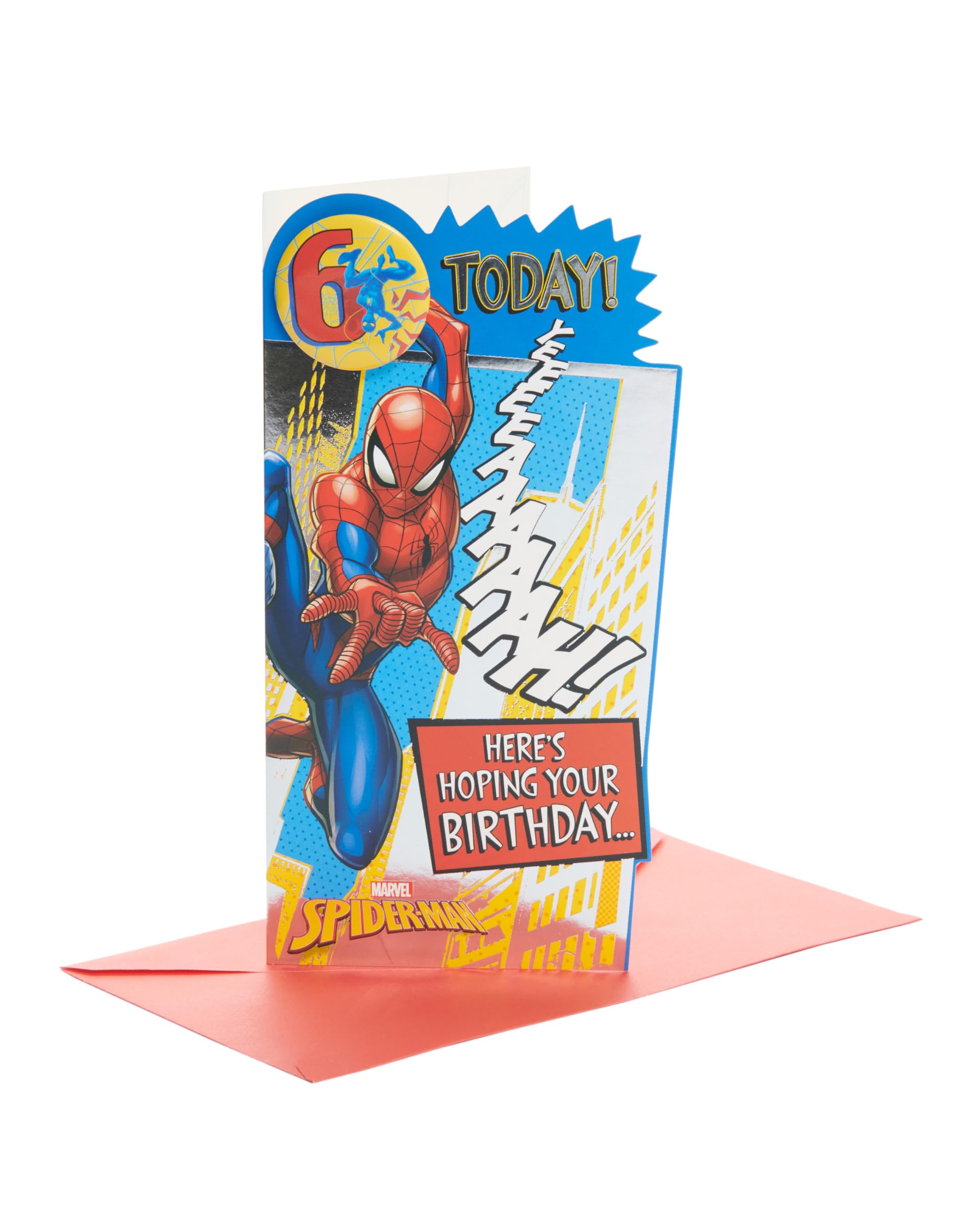 Marvel Spider-Man 6th Birthday Card for Boys - UK Greetings Badge Design with Envelope - 4.76 x 9 Inches - Superhero Party Invitation & Gift Card for Kids