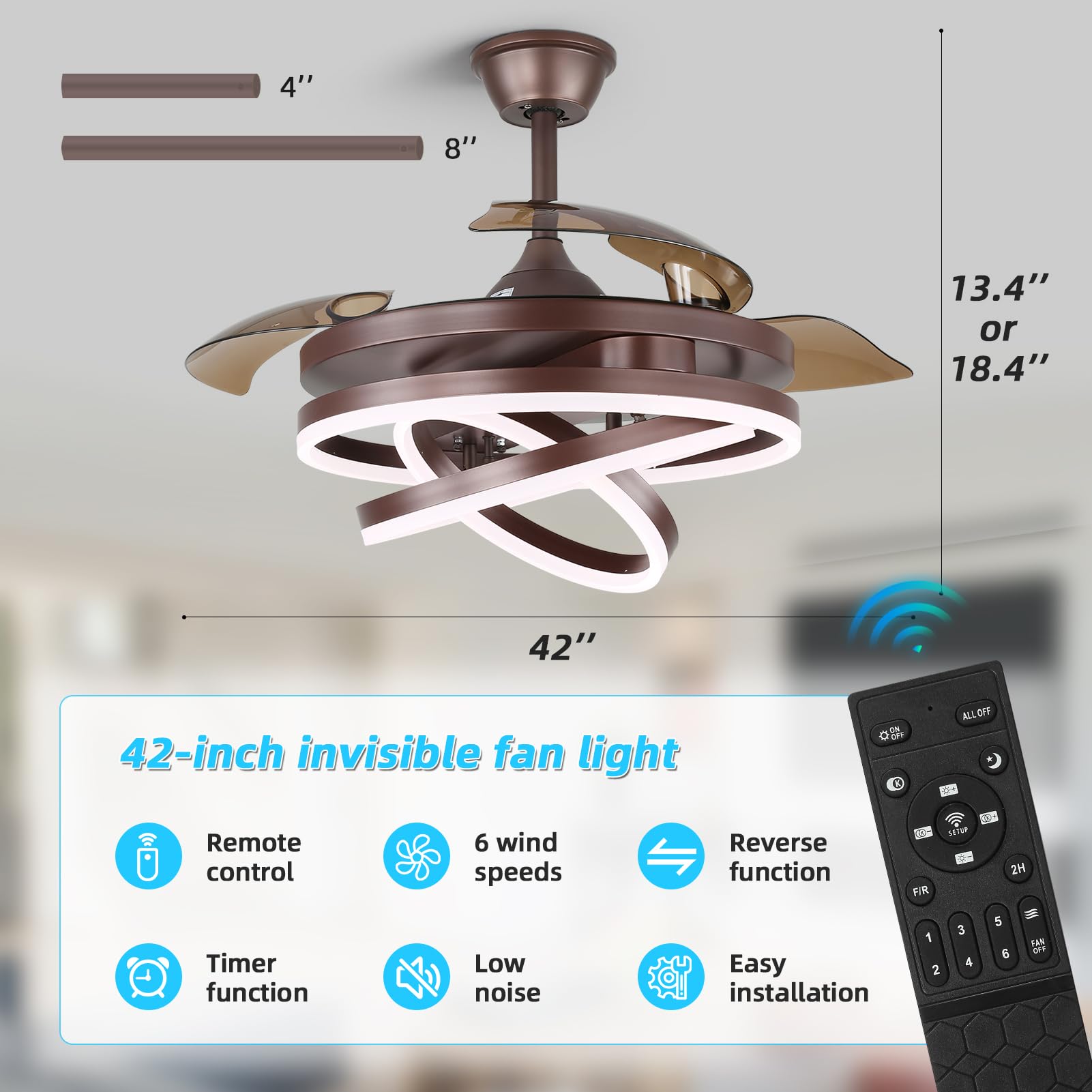 42 Inch Retractable Ceiling Fan with Light - Dimmable Fandelier, Silent DC Motor, 6 Speed Settings, Brown Chandelier Style - Perfect for Bedroom, Living Room, Kitchen, Kids Room & Patio | Energy-Efficient Home Cooling & Decorative Lighting Solution