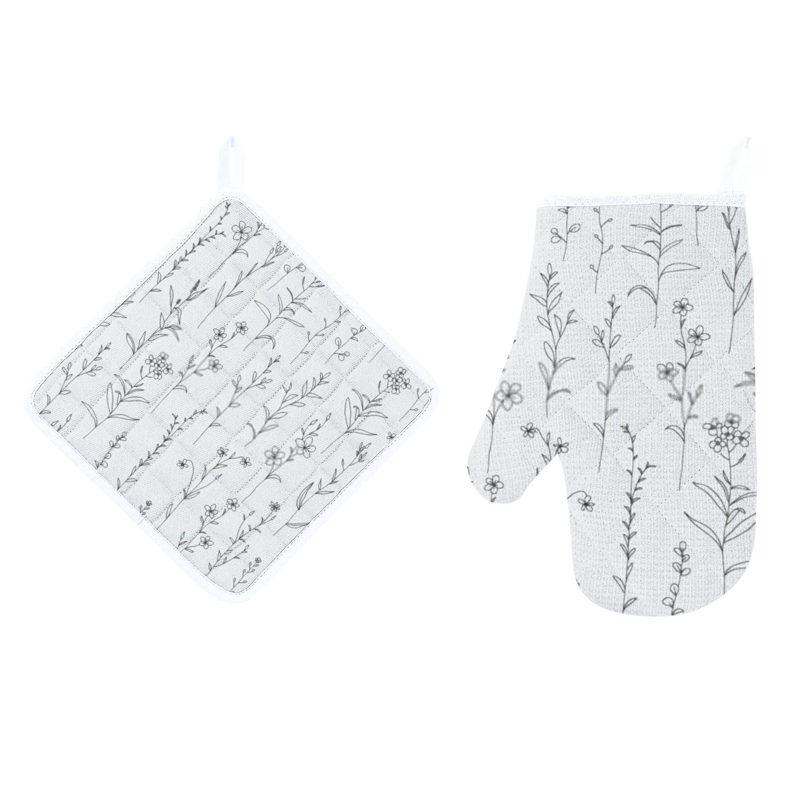 2-Piece Wild Flower Silhouette Oven Mitts & Pot Holders Set - Heat Resistant Gray Kitchen Gloves with Soft Cotton Lining & Non-Slip Surface - Perfect for Cooking, Baking, Grilling & BBQ (Hand Drawn Floral Design)