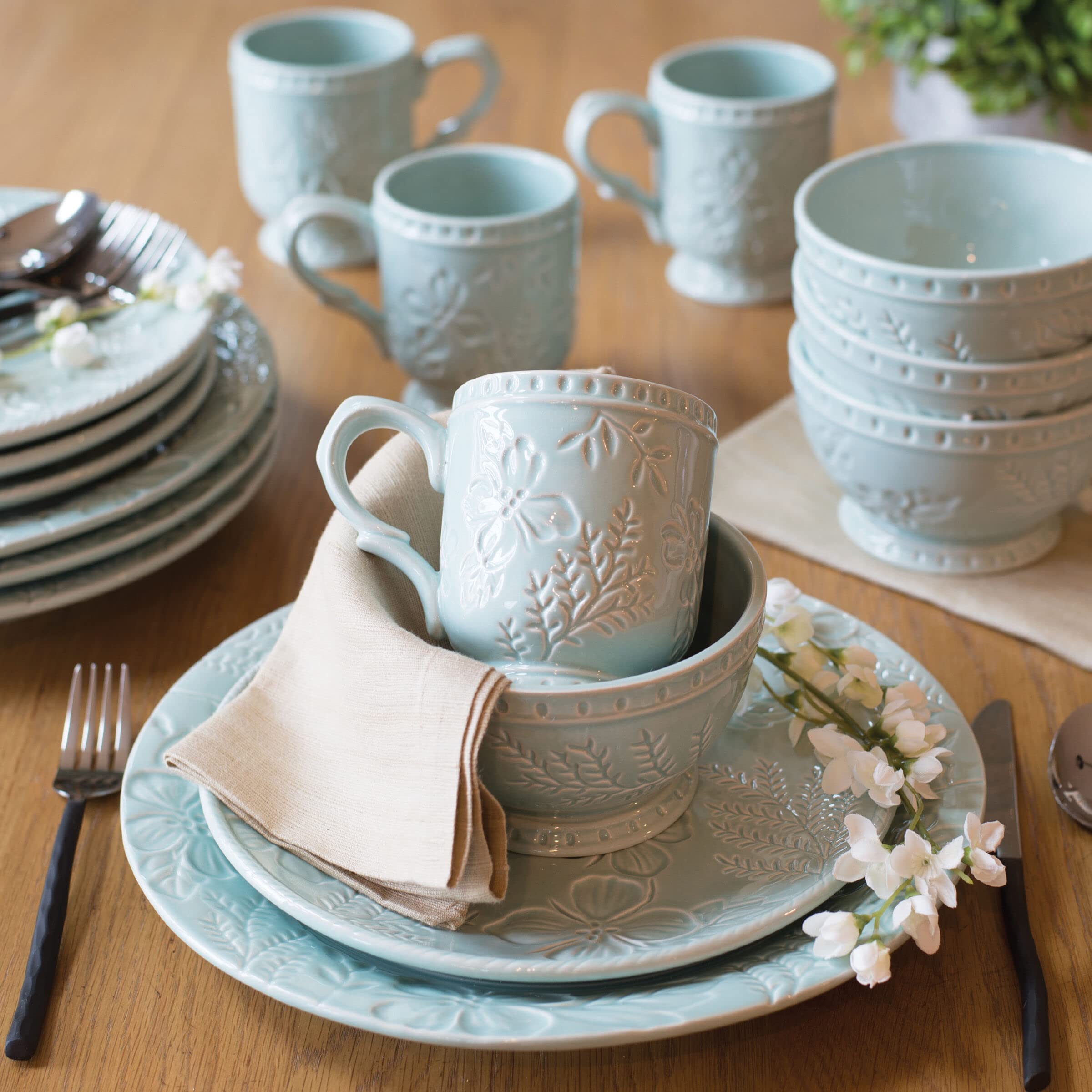 Fitz and Floyd English Garden 12 oz Blue Ceramic Coffee Mugs - Set of 4 Floral Tea Cups for Afternoon Tea, Gift Giving & Home Decor