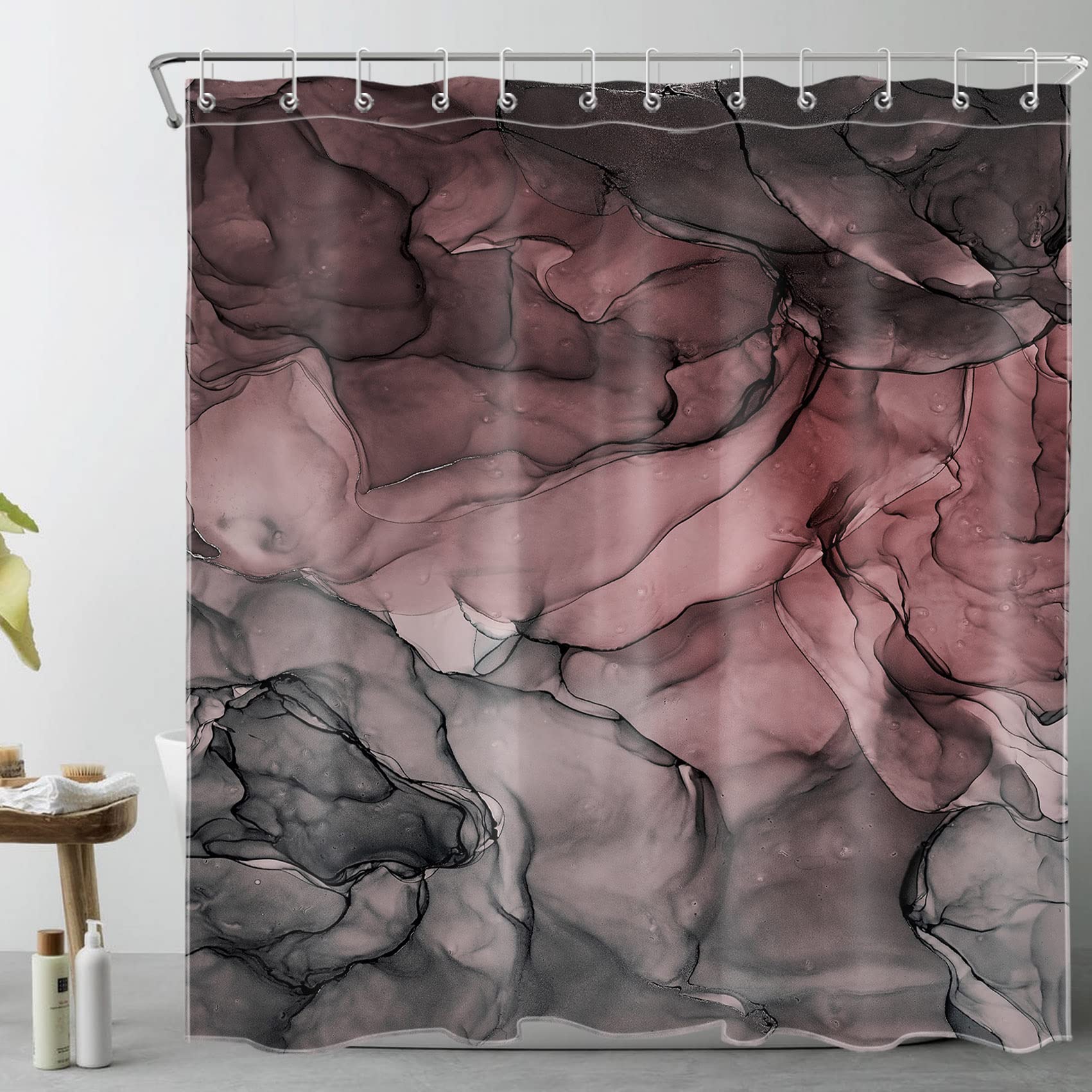 LB Abstract Marble Shower Curtain - Pink & Black Modern Bathroom Decor (72x72 Inch) | Waterproof Polyester Fabric with Hooks Included | Perfect for Contemporary Bathrooms & Spa-Like Showers