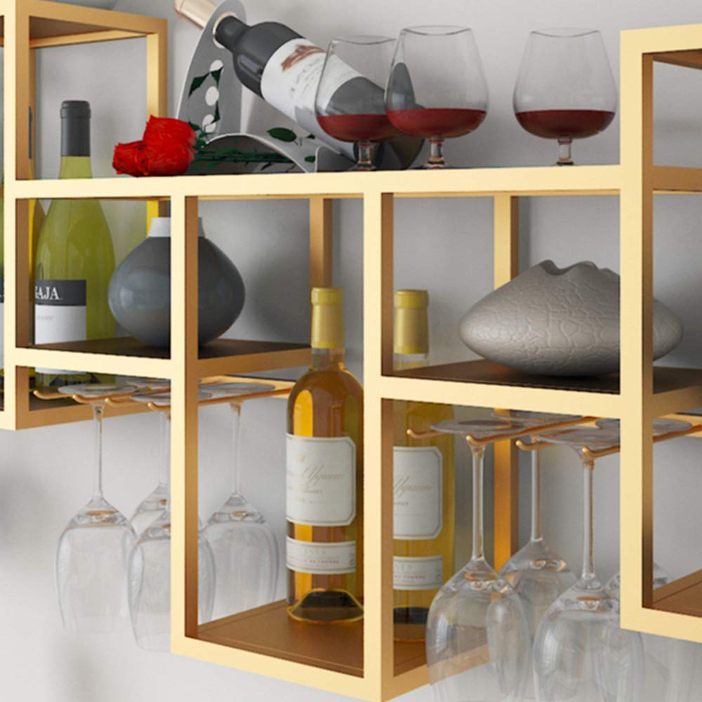 Stylish Gold Metal Wall-Mounted Wine Rack with Goblet Holder - Modern Home Bar Decor for Kitchen, Dining Room & Living Room - Perfect for Wine Storage & Display in Small Spaces