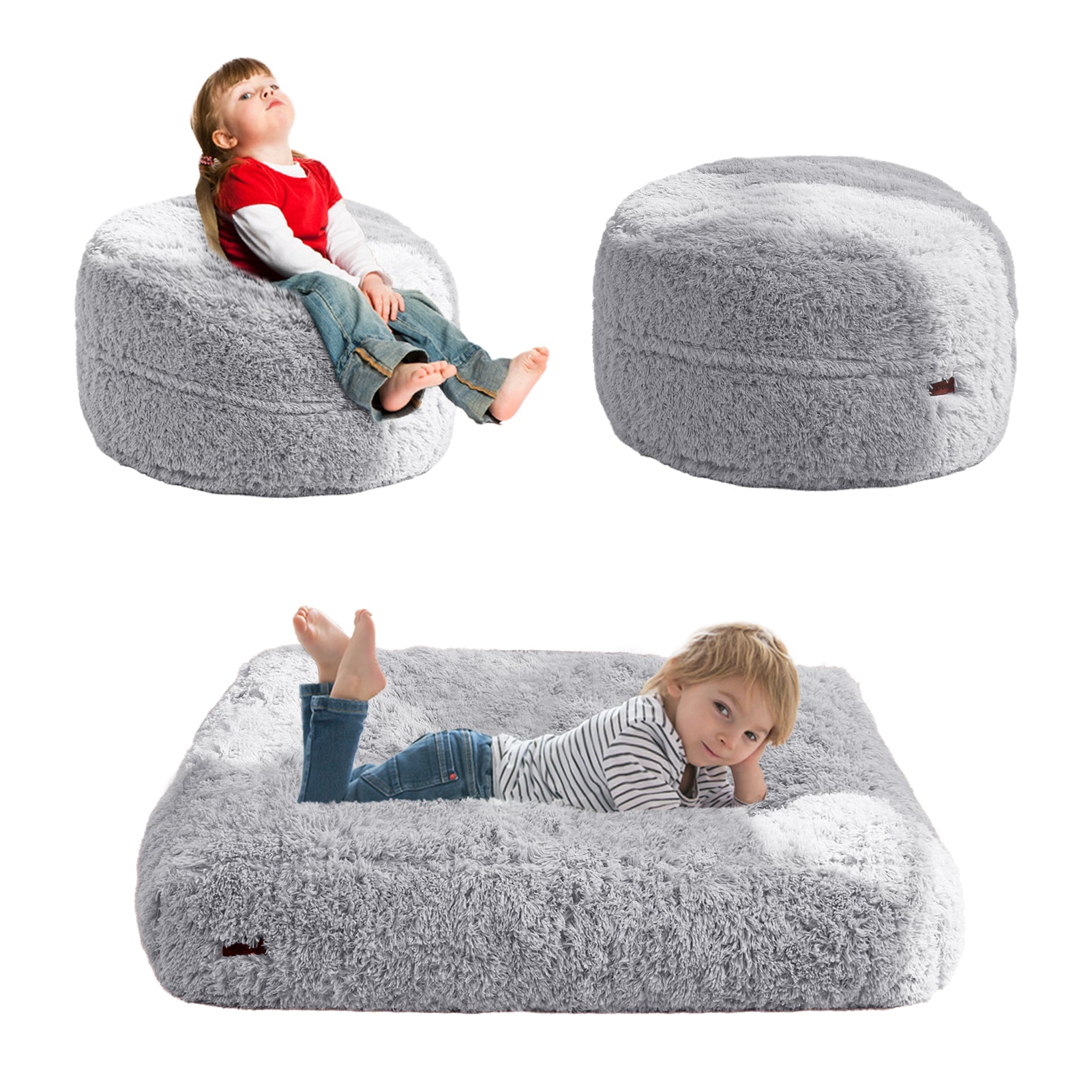 MAXYOYO Kids Bean Bag Chair Bed - Soft Plush Convertible Bean Bag Converts from Chair to Floor Mattress, Grey - Perfect for Playroom, Bedroom & Lounge Areas