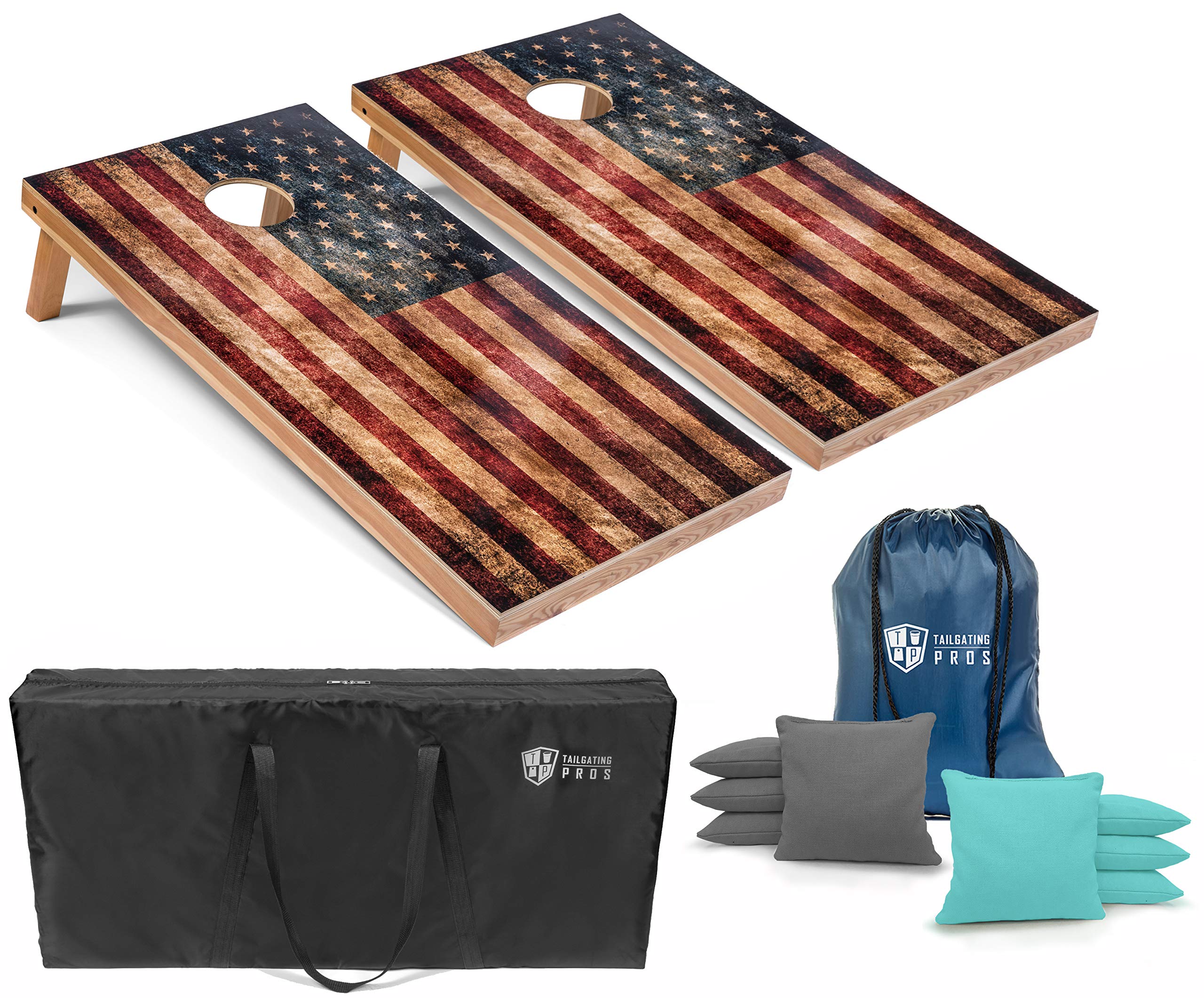 Premium Tournament-Grade 4'x2' Rustic American Flag Cornhole Boards Set with 8 Bean Bags & Carrying Case - Distressed Wooden Corn Hole Game for Outdoor Parties, Tailgating, Backyard BBQs, and Family Gatherings