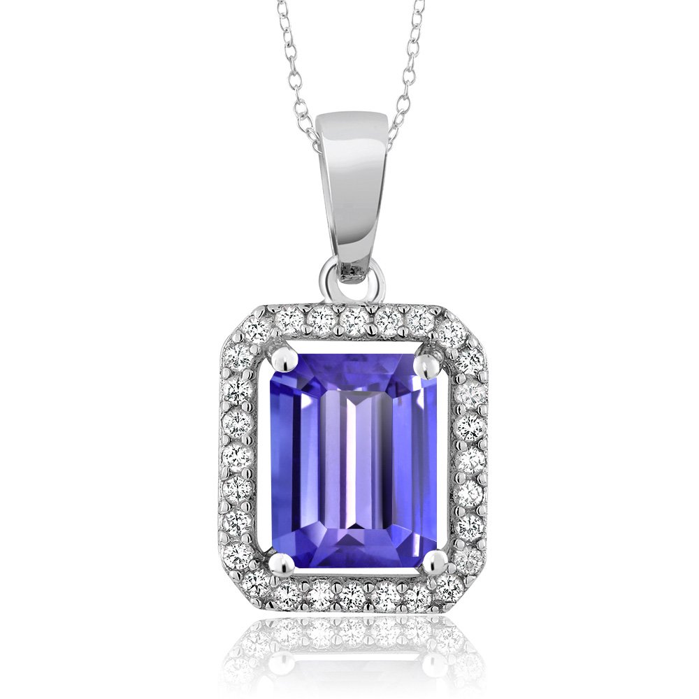 Gem Stone King 925 Sterling Silver Emerald Cut 9x7mm Birthstone Halo Pendant Necklace for Women with 18