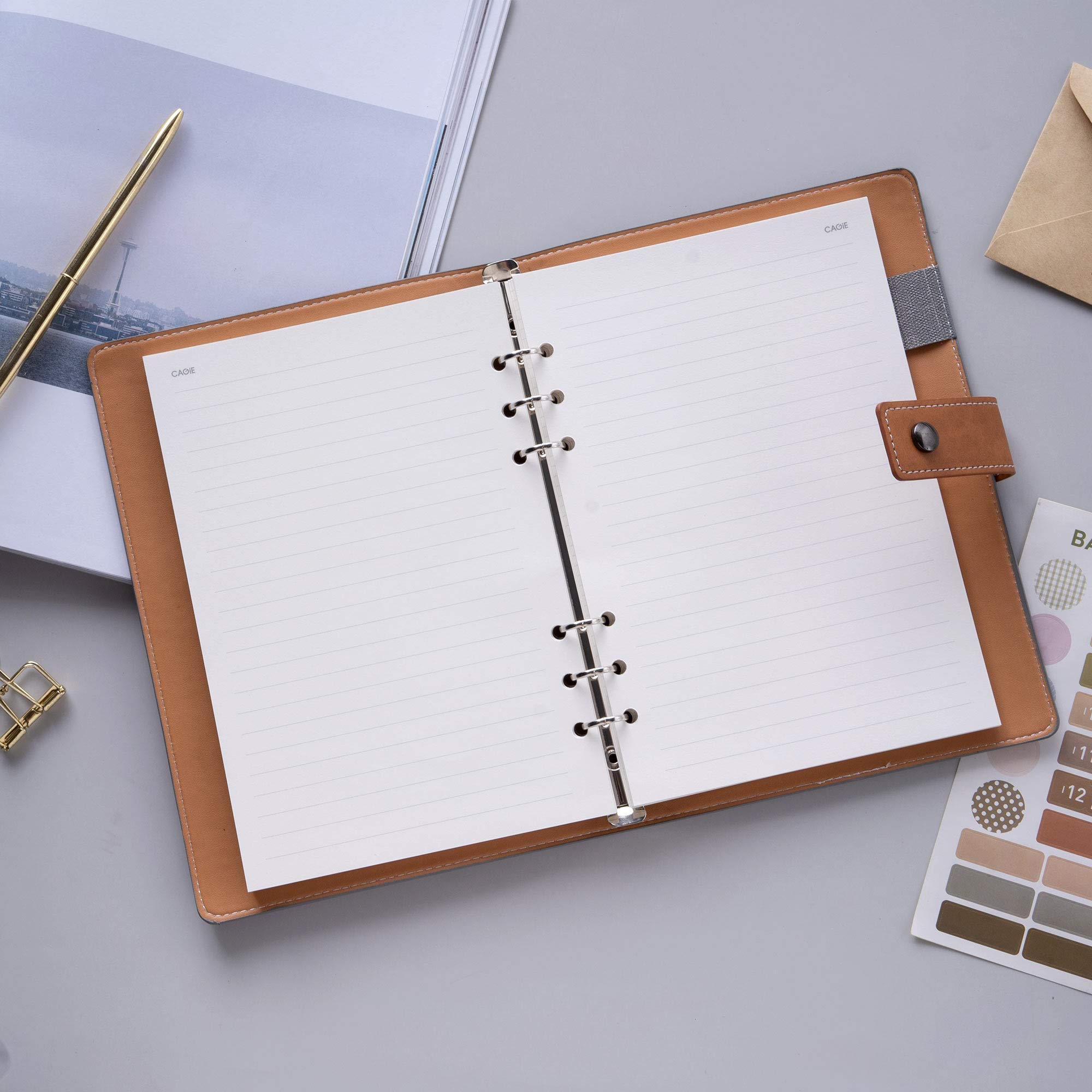 Refillable Faux Leather Traveler Notebook - 6-Ring Binder Journal with Lined/Grid/Blank Paper & Calendar - A5 Size Organizer for Men & Women - Perfect for Travel, Work, School & Personal Planning