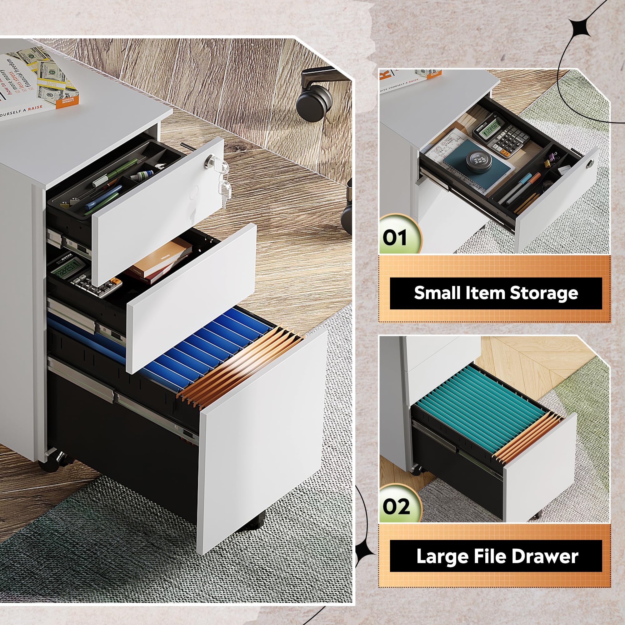 DEVAISE White 3-Drawer File Cabinet - Slim Under Desk Storage Organizer for Home Office, Rolling File Cabinet with Lock (11.8 Inch) - Perfect for Small Spaces & Document Organization