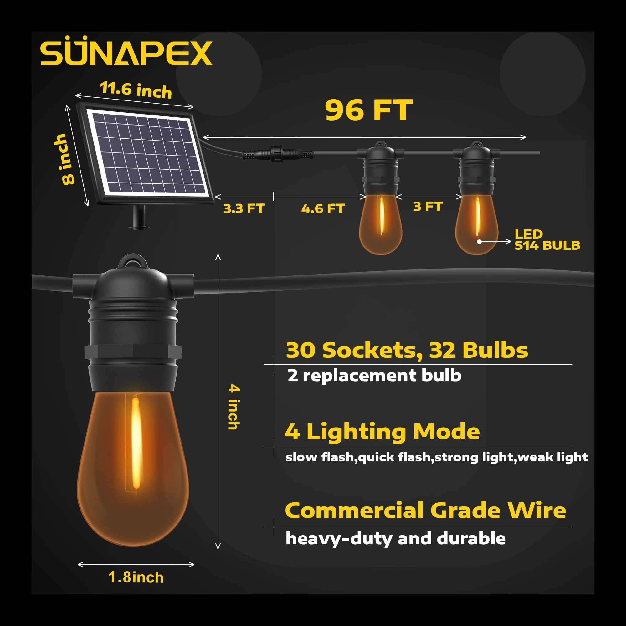 SUNAPEX 96FT Solar String Lights Outdoor Waterproof - Shatterproof Edison Bulbs, Solar Powered Patio Lights for Backyard, Garden, Camping & Decoration - Perfect for Outdoor Parties, Weddings and Landscape Lighting