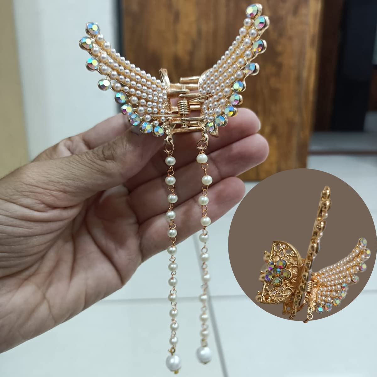 Flysales® 1PC Elegant Pearl Butterfly Hair Clip for Women - Metal Stone Hair Claw Clip for Wedding, Party & Daily Use - Stylish Hair Accessories for Girls & Women