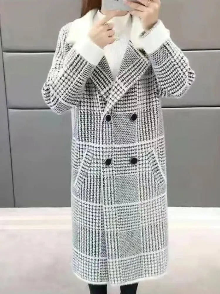 2023 Women's Winter Wool Plaid Coat - Medium Long Thick Square Overcoat with Long Sleeves | Korean Fashion Trend | Warm Outerwear for Fall and Winter | Perfect for Office, Dating & Holiday Outfits