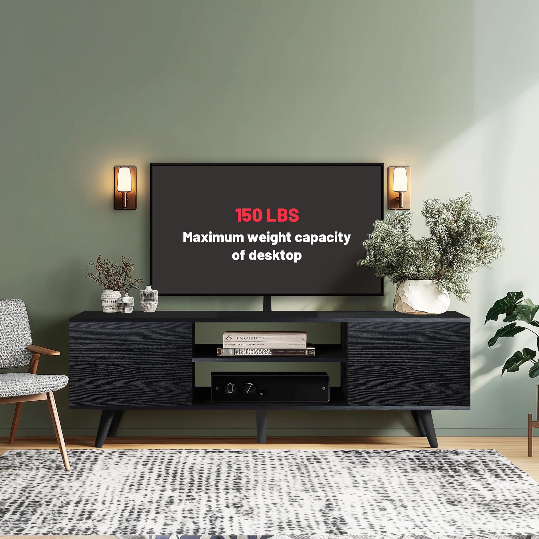 55-60 Inch TV Stand with Storage - Modern Black Wood Entertainment Center for Living Room, Bedroom & Office - Perfect for Home Theater & Media Organization