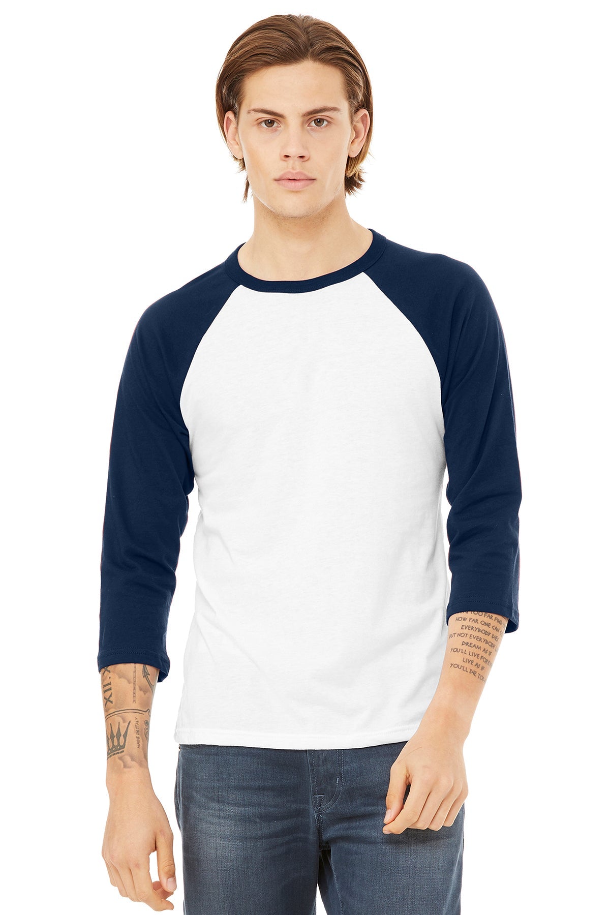 Bella Canvas Unisex 3/4 Sleeve Baseball Tee - Soft Cotton Jersey T-Shirt for Men & Women (White/Navy) | Perfect for Casual Wear, Sports & Street Fashion