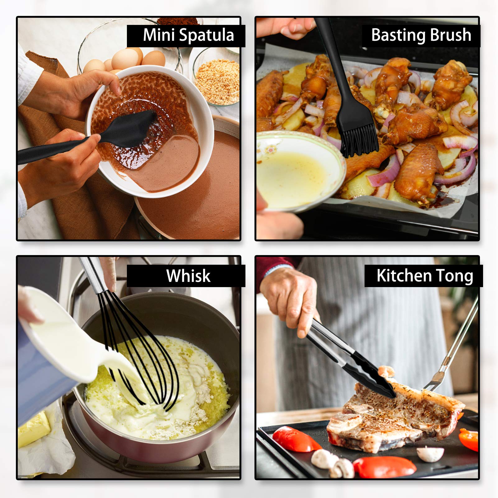 Homikit 12-Piece Silicone Kitchen Utensil Set with Holder - Heat Resistant Cooking Tools Including Spoon, Turner, Spatula, Ladle & Tongs for Non-Stick Cookware - Perfect for Baking, Frying & Everyday Cooking (Black)