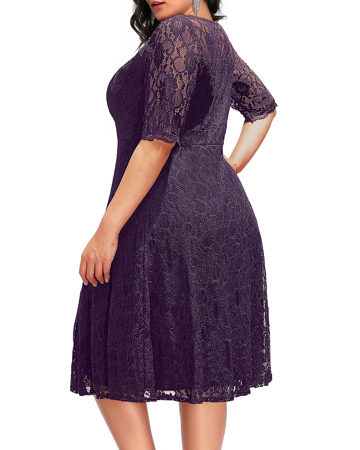 Elegant Plus Size Women's Lace V-Neck Midi Dress for Wedding Guest, Bridal Shower & Cocktail Party | Semi-Formal Occasion Wear | Perfect for Special Events & Evening Gatherings