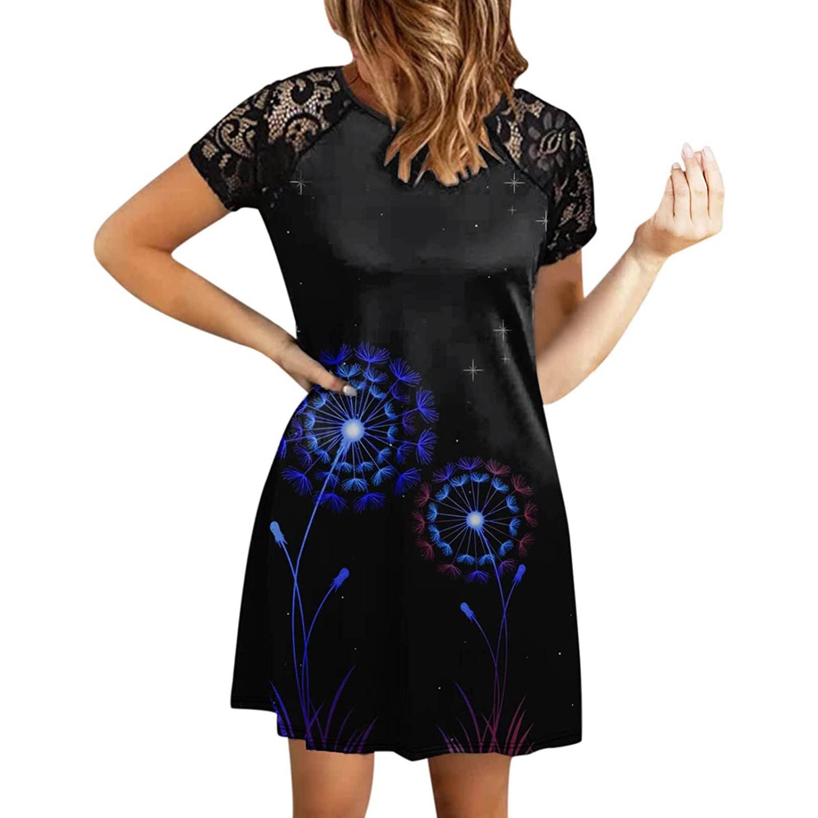 Women's Summer Lace Patchwork Casual Dress - Floral Print Short Sleeve O-Neck Mini Dress for Beach, Vacation, and Outdoor Parties | Lightweight & Comfortable