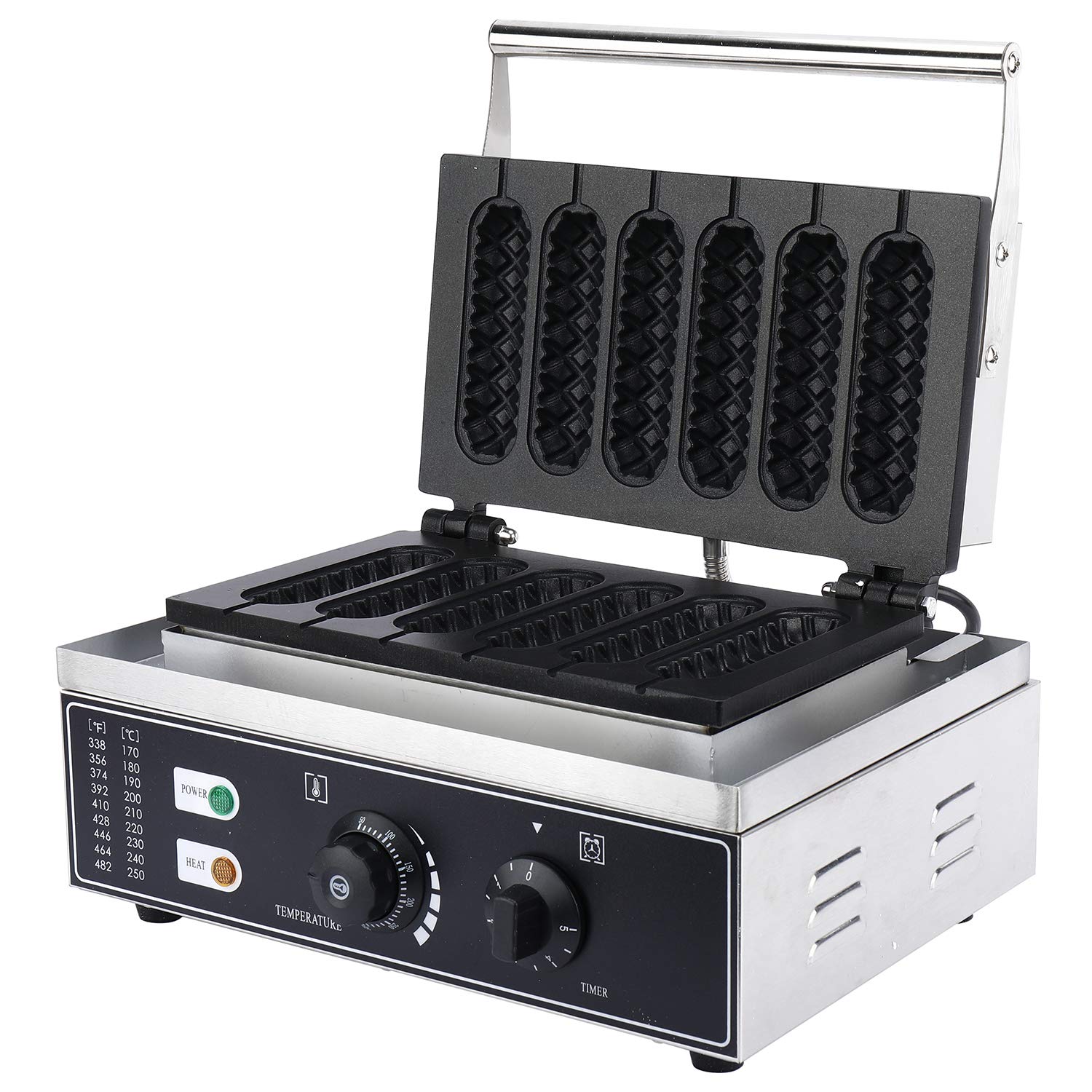DasMarine Commercial Corn Dog Waffle Maker - 6Pcs Non-Stick Hotdog Waffle Iron with Temperature Control (50-300°C) & Timer - Stainless Steel for Restaurant, Bakery, Snack Bar & Home Use - Perfect for Parties, Breakfast & Quick Snacks (Black)