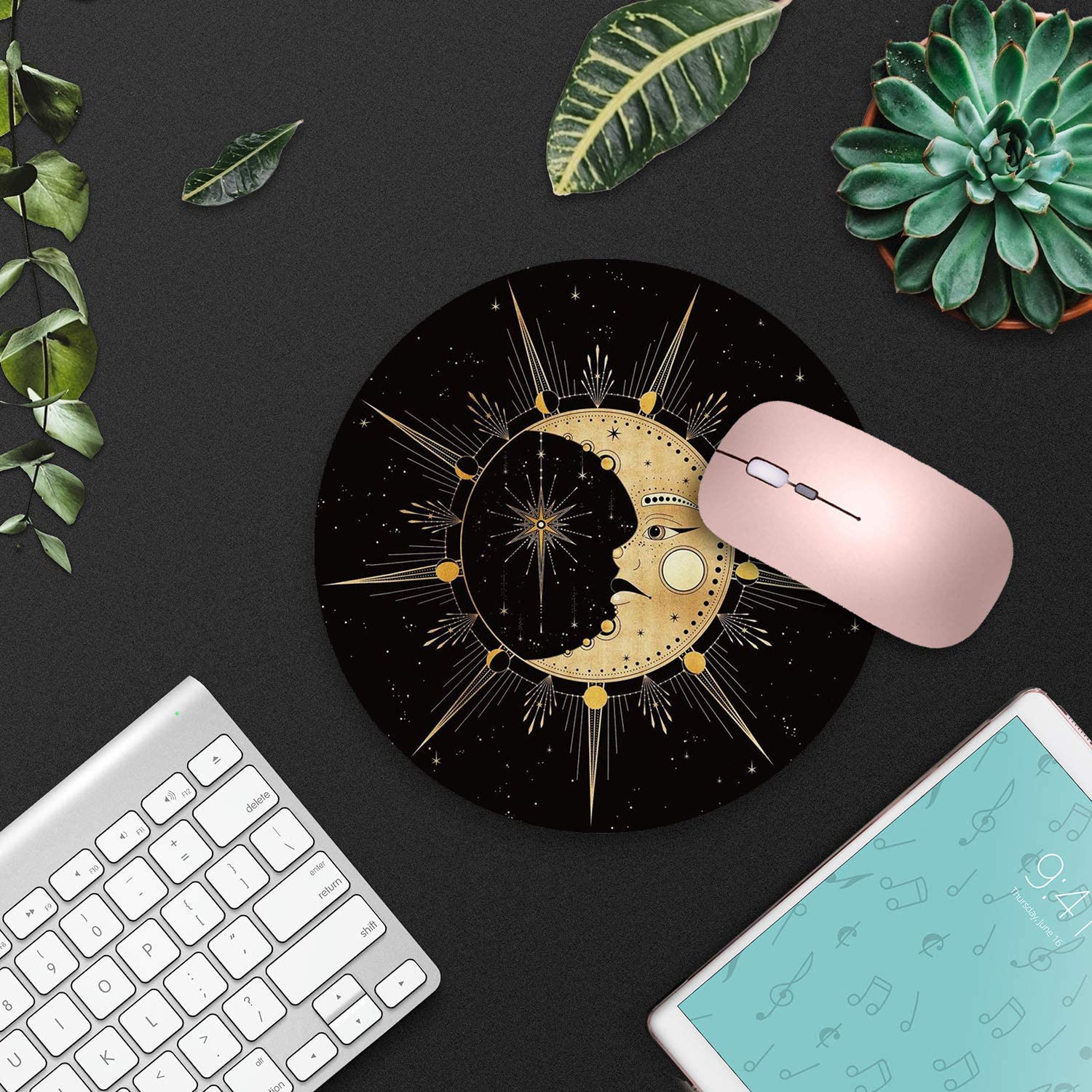 Celestial Sun and Moon Non-Slip Rubber Mouse Pad with Coasters Set - Office Desk Accessories for Computer & Laptop - Perfect for Gaming, Work, and Home Office Decor