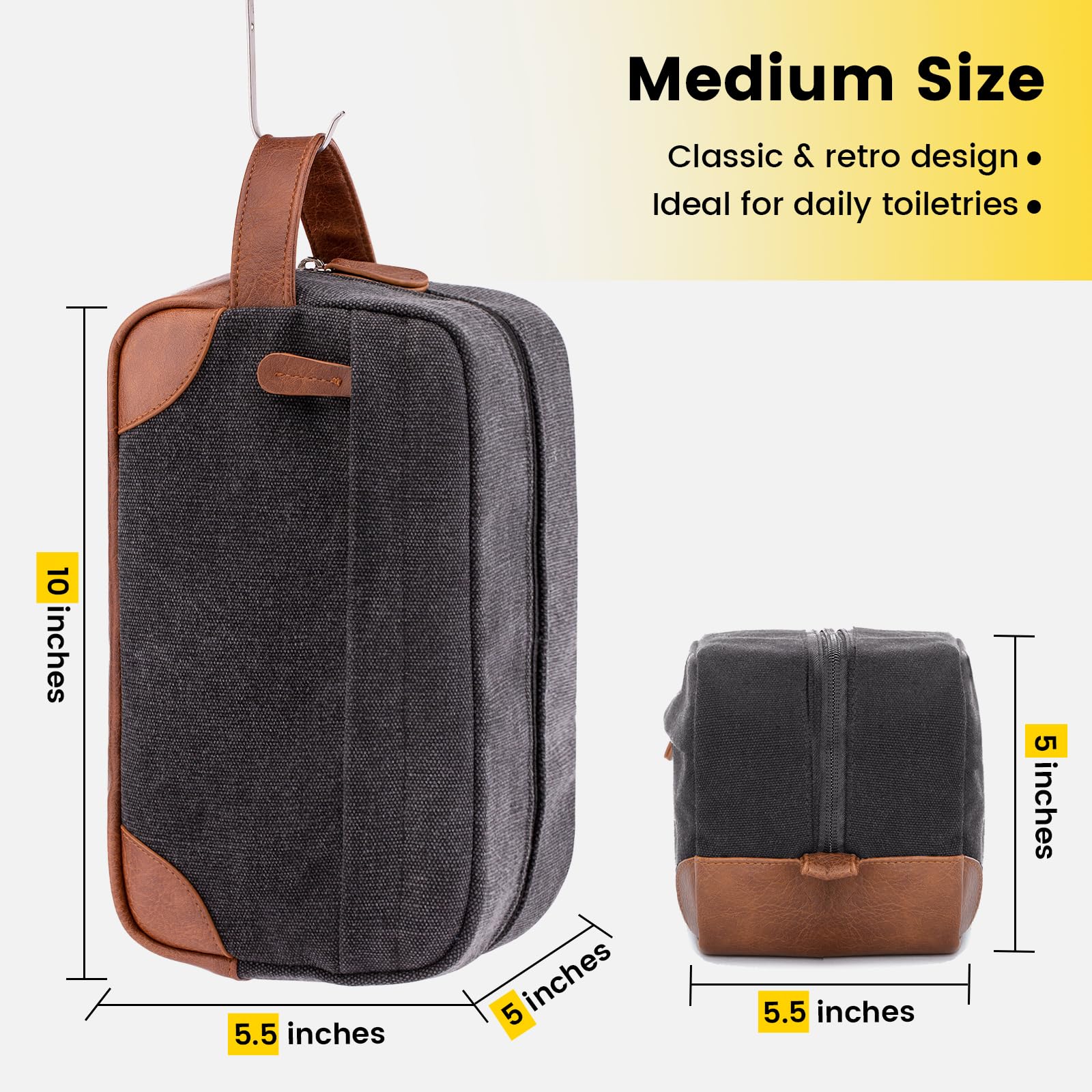 Vorspack Hanging Toiletry Bag for Men - Water Resistant Canvas Dopp Kit with Large Capacity, Travel Shaving Organizer (Dark Grey) - Perfect for Camping, Gym & Business Trips