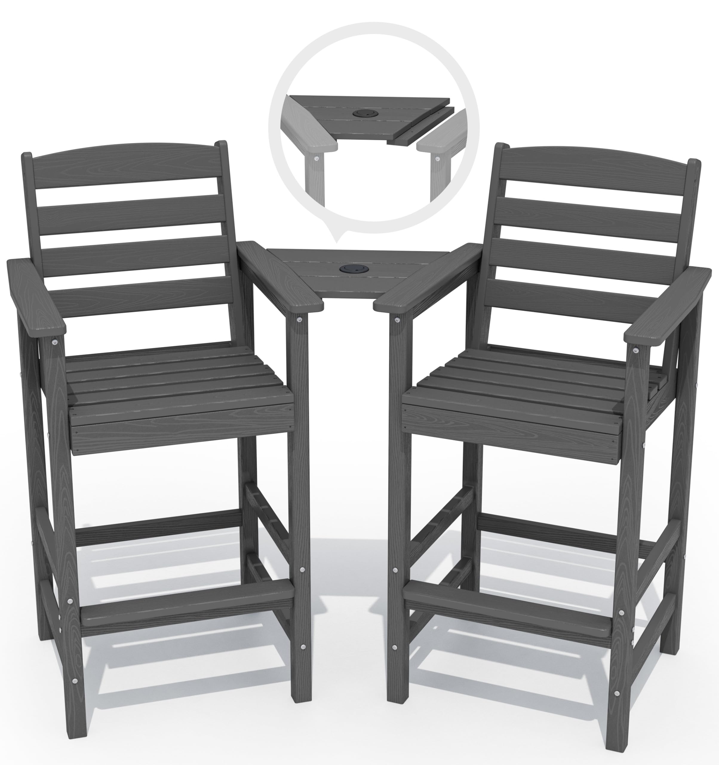 Premium SERWALL Tall Adirondack Chairs Set of 2 with Connecting Table - Outdoor Patio Furniture in Elegant Grey for Backyard, Garden, and Poolside Relaxation