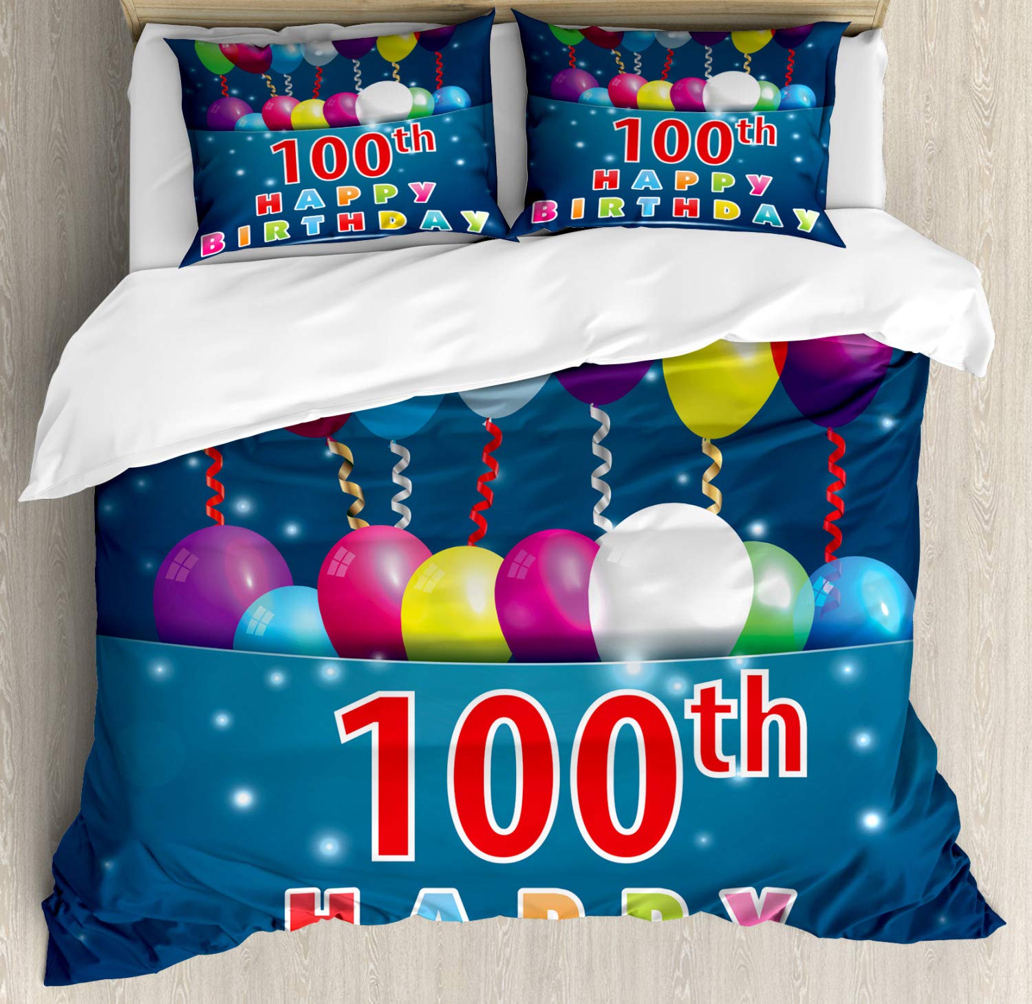 Ambesonne 100th Birthday Duvet Cover Set - King Size 2-Pack with 2 Duvet Covers & 4 Pillowcases, Colorful Balloons on Star Dots Design in Blue & Dark Blue - Perfect for Milestone Celebrations, Guest Rooms & Special Occasions