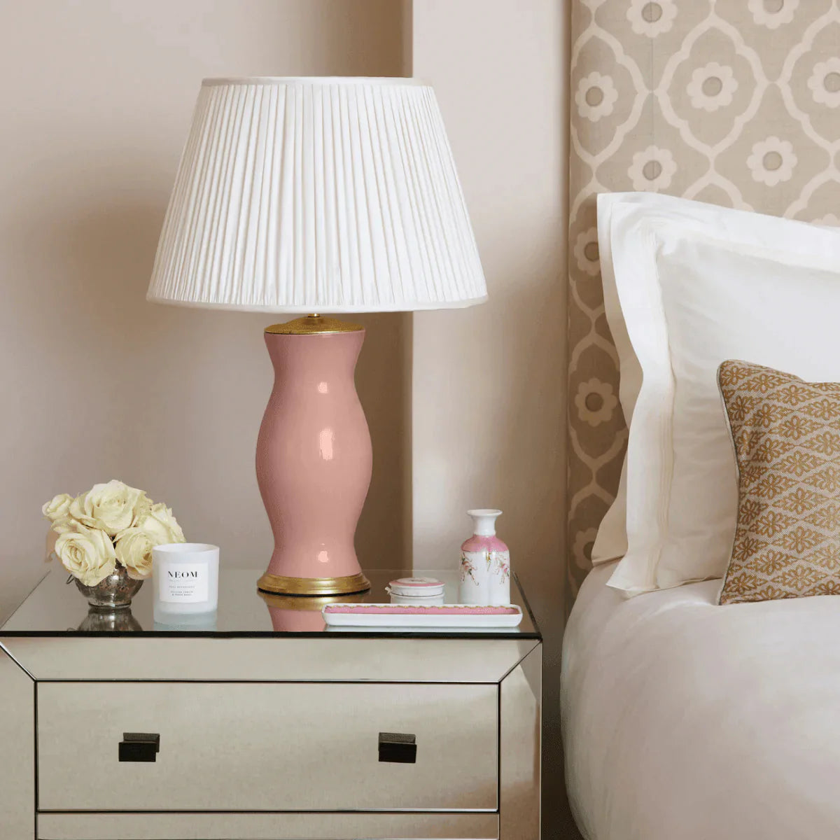 Elegant Blush Pink Handblown Glass Table Lamp with Brass Accents - Perfect for Bedroom Nightstand, Living Room Decor & Romantic Ambiance Lighting