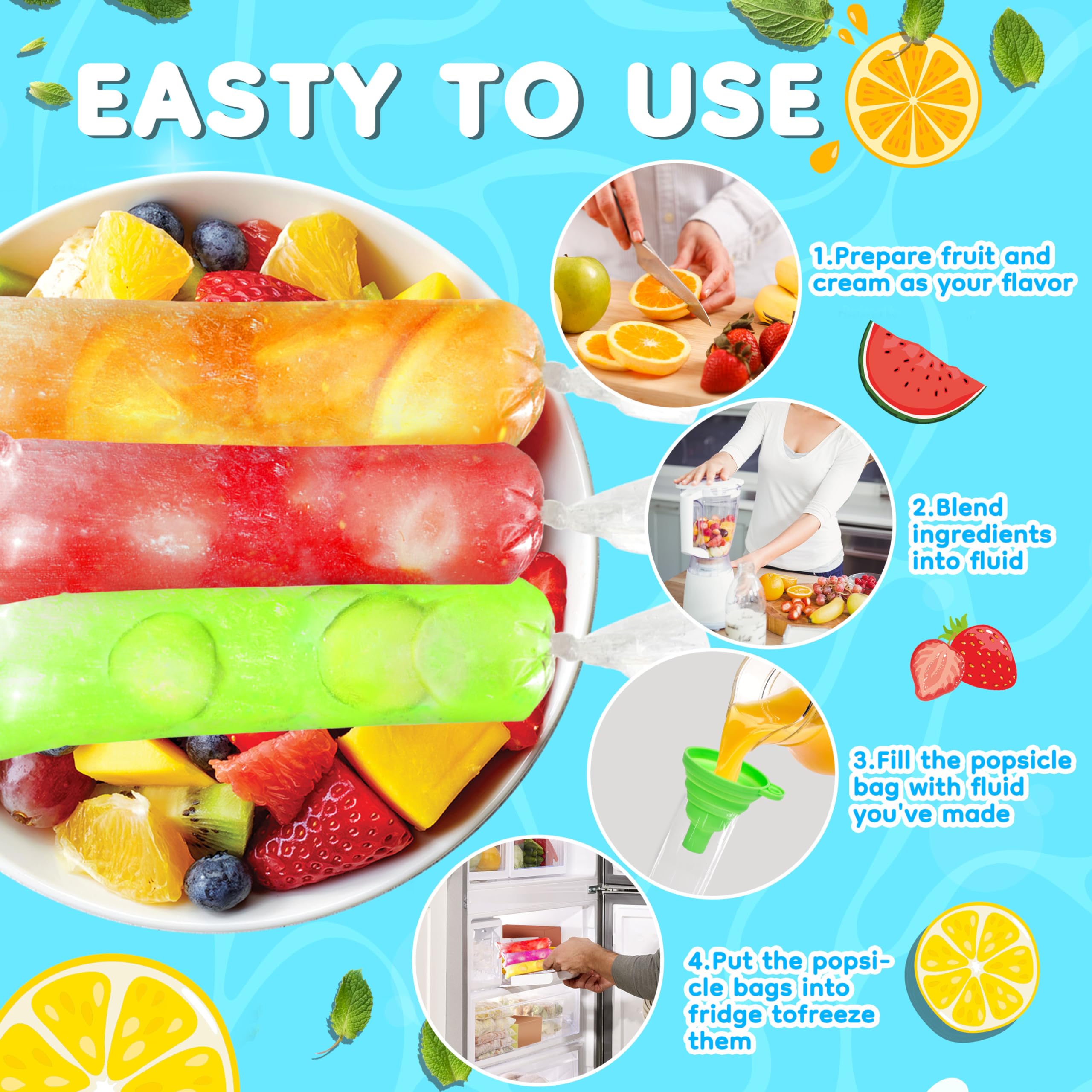 500 Packs Disposable Ice Pop Bags with Silicone Funnel - Reusable Popsicle Molds for Homemade Ice Candy, Yogurt Sticks, Juice Smoothies, Fruit Shakes & Snacks - Perfect for Summer Treats, Kids Parties & Healthy Frozen Desserts