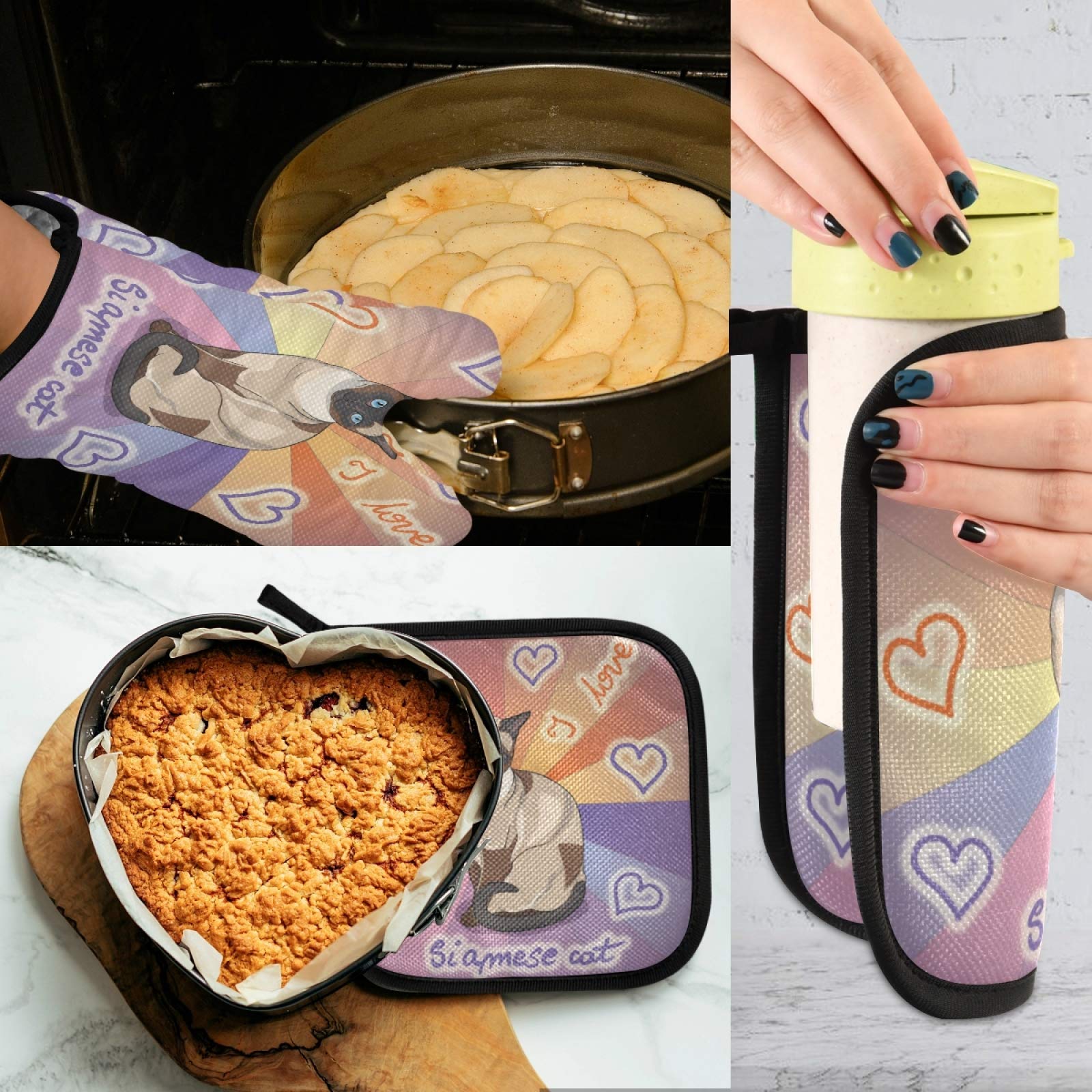 QUGRL Siamese Cat Oven Mitts and Pot Holders Set - Colorful Heart Pattern Heat Resistant Kitchen Gloves for Baking, Cooking, BBQ & Hot Pads - Perfect for Handling Cookware, Bakeware and Grilling Accessories