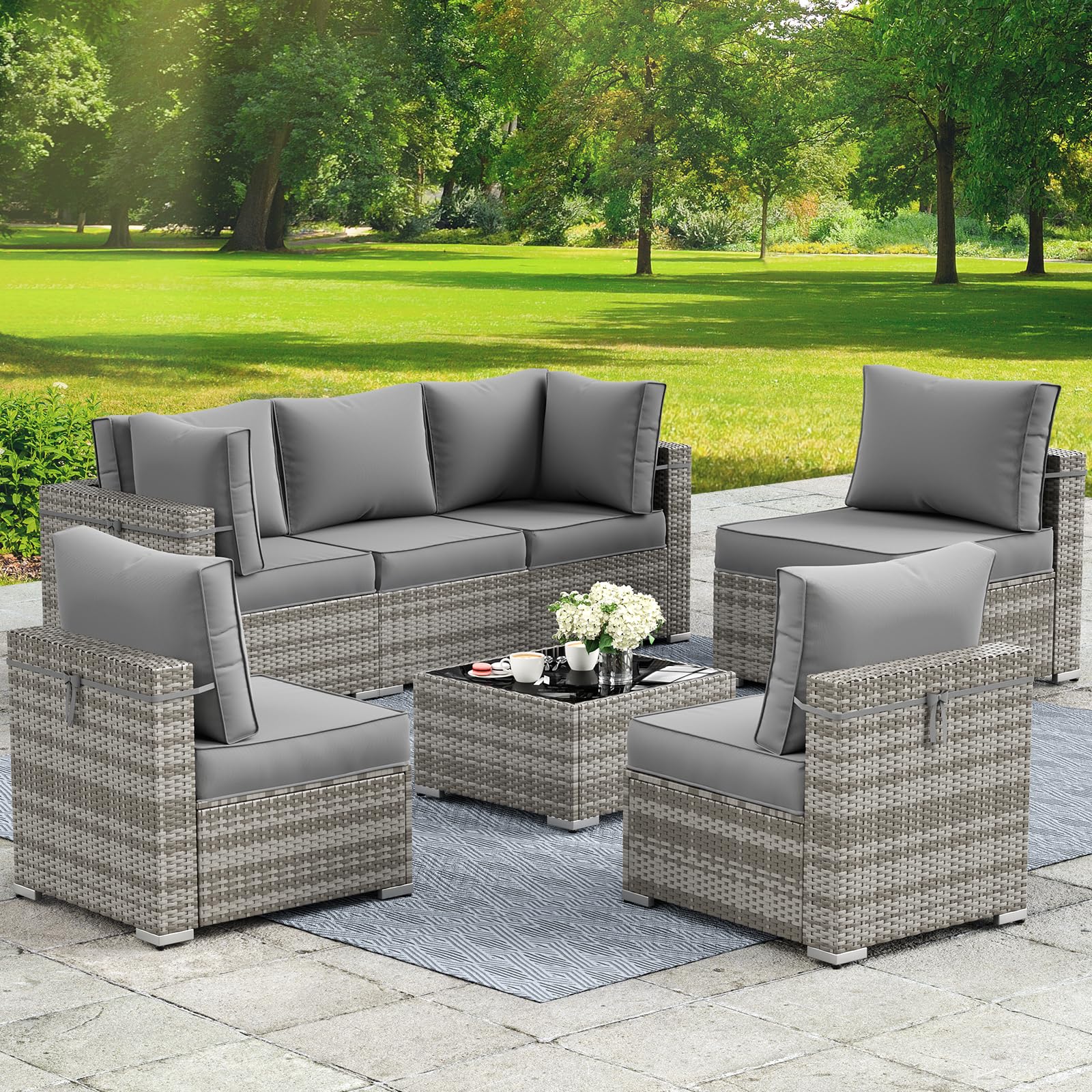 7-Piece Outdoor Patio Furniture Set with Waterproof Cover - All-Weather Wicker Sectional Sofa Conversation Set for Backyard, Garden or Poolside (Grey with Grey Cushions) - Perfect for Outdoor Entertaining, Relaxing and Family Gatherings