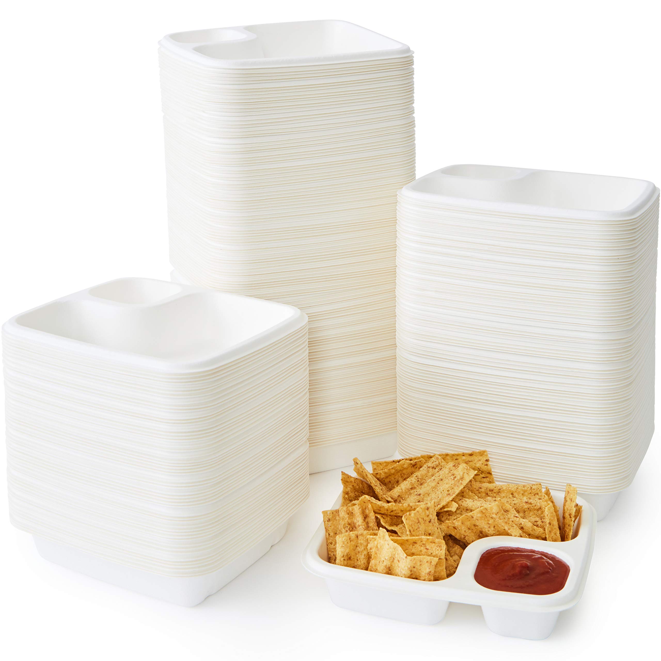 Leak-Free Compostable Bagasse Nacho Trays 300 Pack - Large 2-Compartment Microwave Safe Biodegradable Sugarcane Serving Trays - Durable Divided Holder for Snacks, Nachos, Cheese, Chips & Salsa - Perfect for Parties, Movie Nights & Catering Events