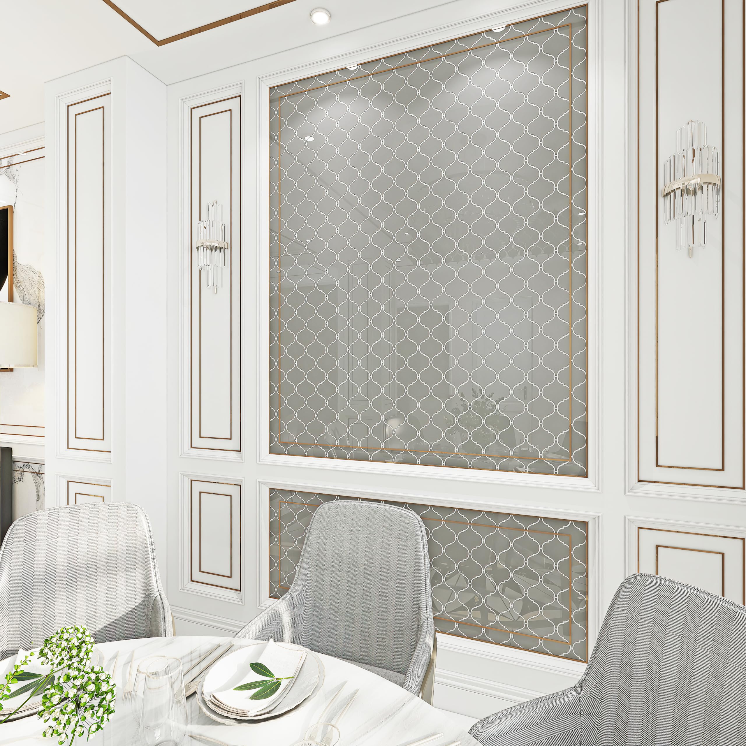 Giorbello Glass Arabesque Tile - 11 Sheets (Case), Light Gray - Peel and Stick Backsplash for Kitchen, Bathroom & Home Decor