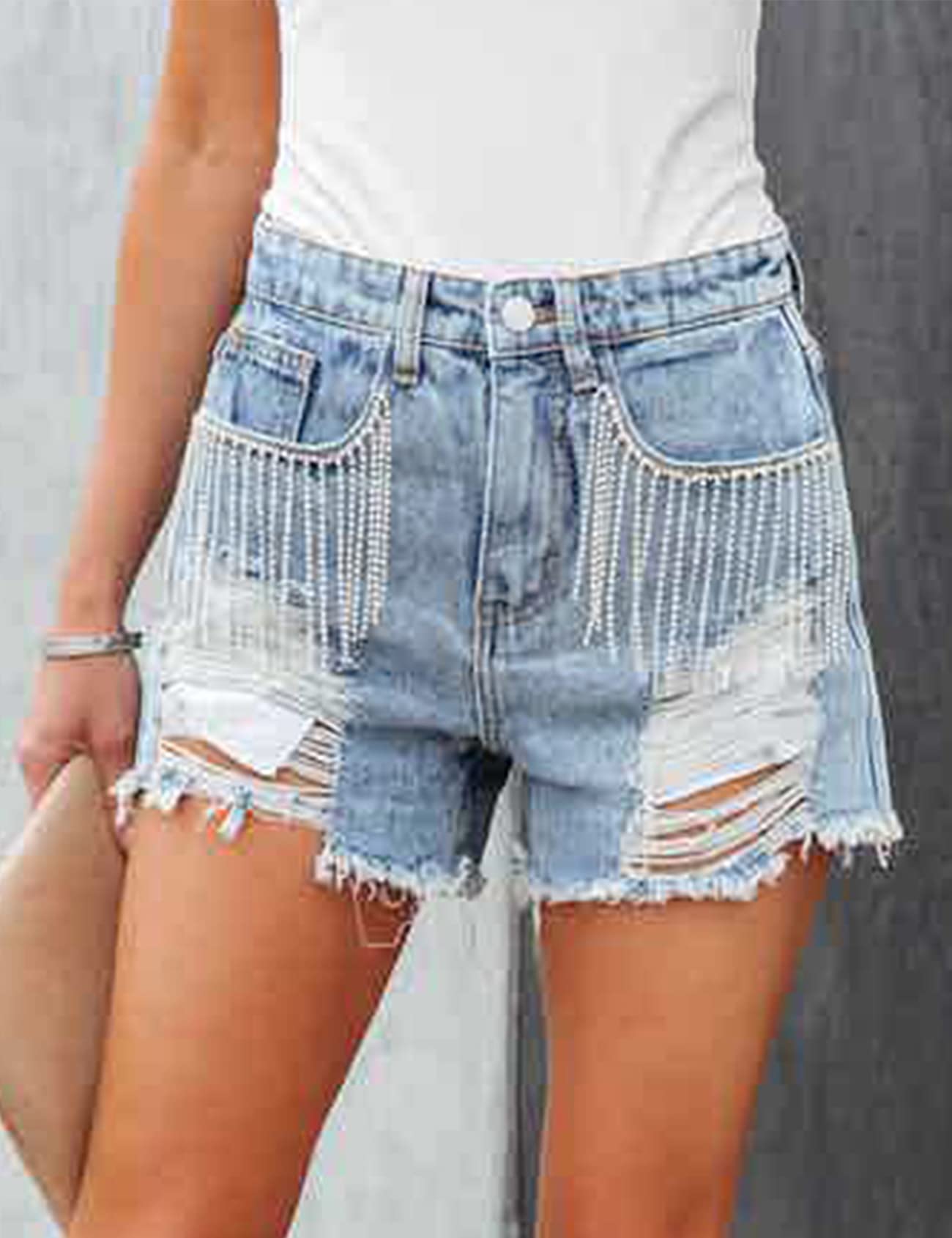 Stylish Women's Rhinestone Denim Shorts - Mid Rise Ripped Hem Fringe Jeans with Tassels | Casual Distressed Hot Shorts for Summer Outfits, Beach Vacations & Night Out