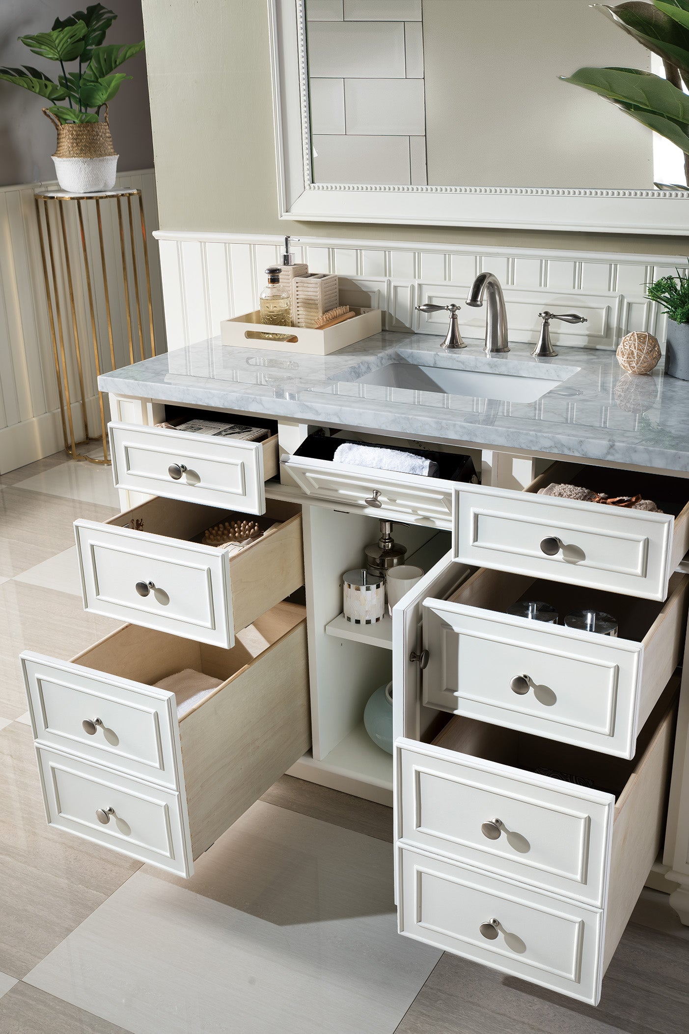 Bristol 48 Inch Single Bathroom Vanity Set with 3CM Carrara Marble Top in Bright White - Perfect for Modern Master Bathrooms & Powder Rooms