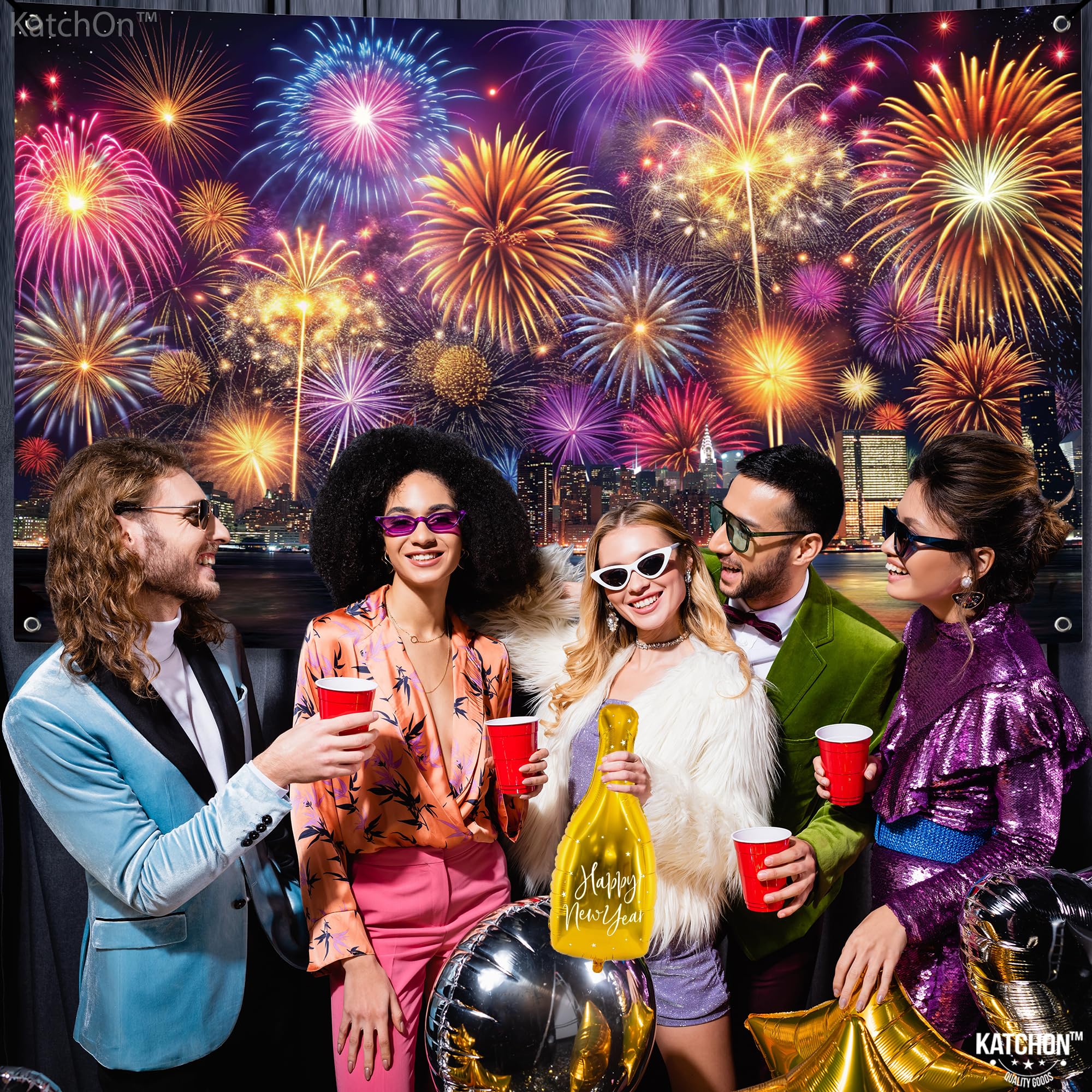 KatchOn Extra Large Happy New Year Banner - 72x44 Inch NYE Party Backdrop | 2025 New Year's Eve Decorations for Home & Office | Giant Festive Banner for New Year's Party Supplies, Photo Booth & Celebrations