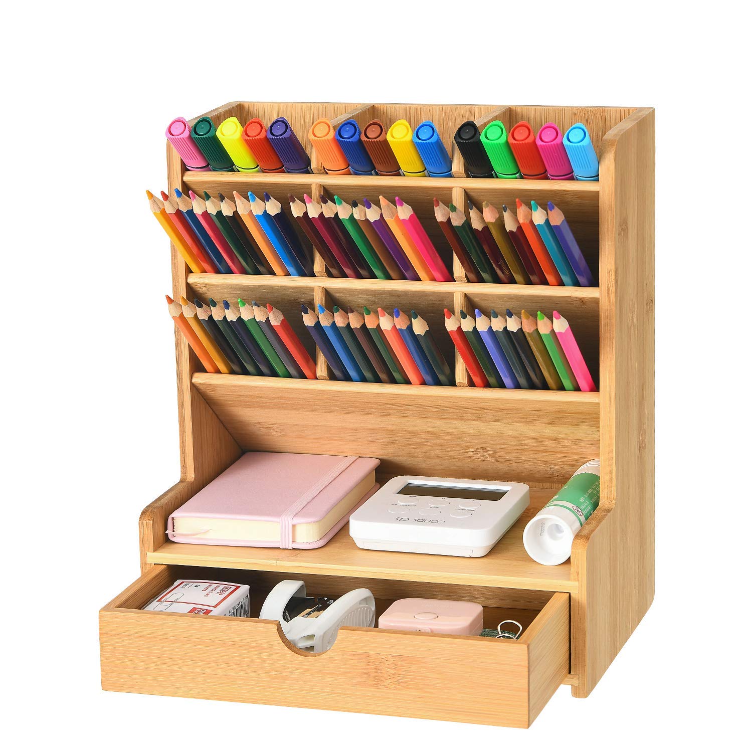 Premium Bamboo Pen Organizer - 9-Compartment Multi-Functional Desk Organizer with Drawer for Colored Pencils, Pens & Markers | Perfect for Artists, Students & Office Workspaces