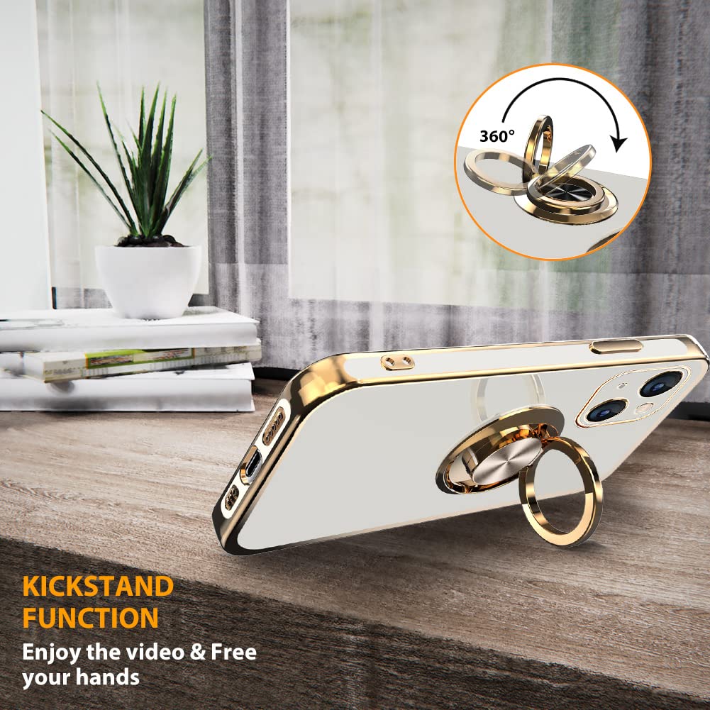 Premium Magnetic iPhone 13 Case (6.1 Inch) with 360° Rotating Kickstand, Built-in Screen Protector & Shockproof Bumper - Slim Soft Edges Protective Cover (White) - Perfect for Work, Travel & Everyday Use