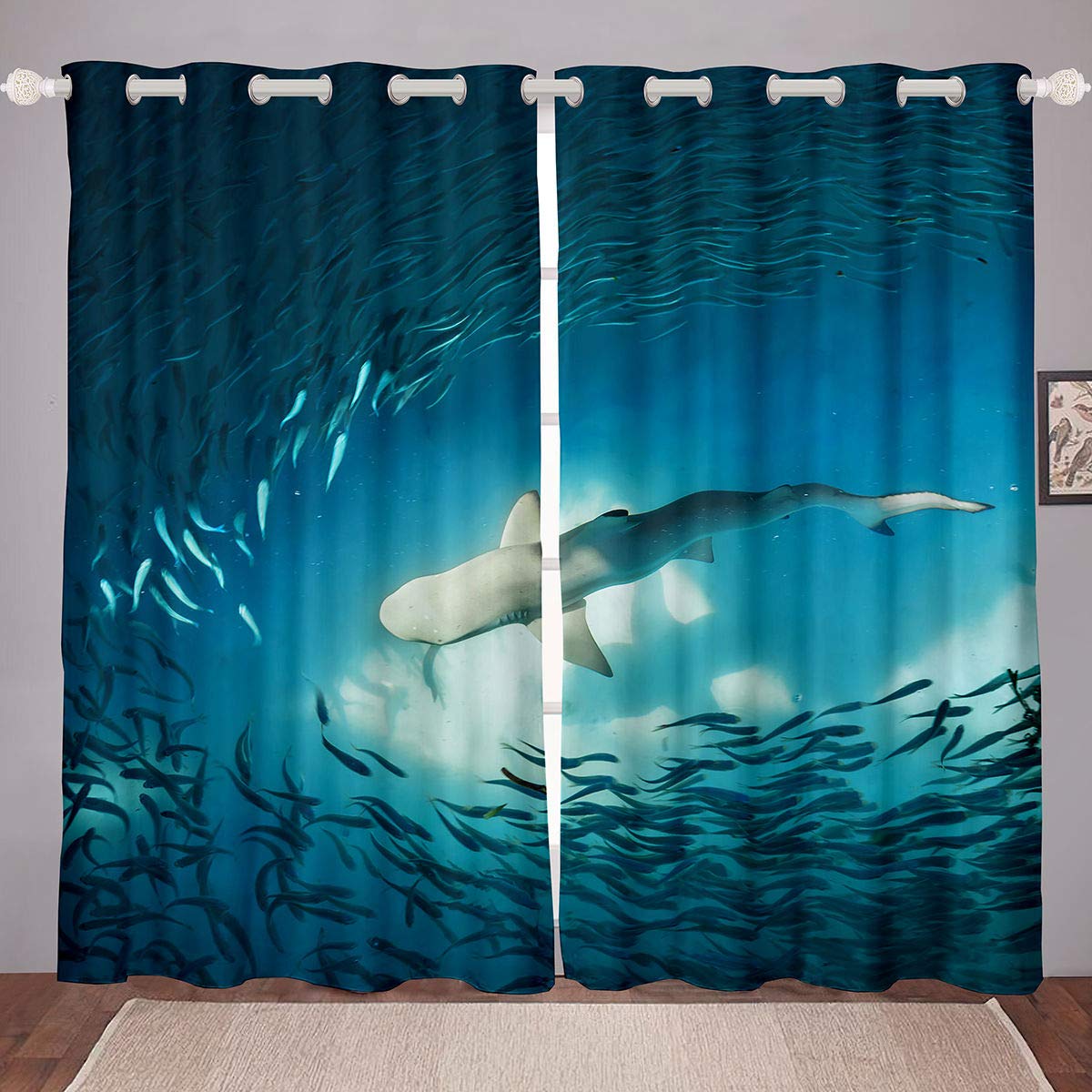 Ocean Marine Shark Themed Window Curtains for Kids & Teens - Underwater Sea Life Decor, Sky Blue Drapes (2 Panels, 42x84 Inch) - Perfect for Bedroom, Nursery, Playroom & Dorm Room Decorations