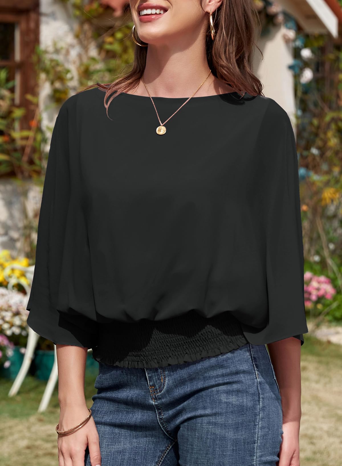 Dokotoo Women's 3/4 Sleeve Chiffon Blouse - Crewneck Business Casual Tops for Work & Office Wear | Elegant Dressy Shirts for Women