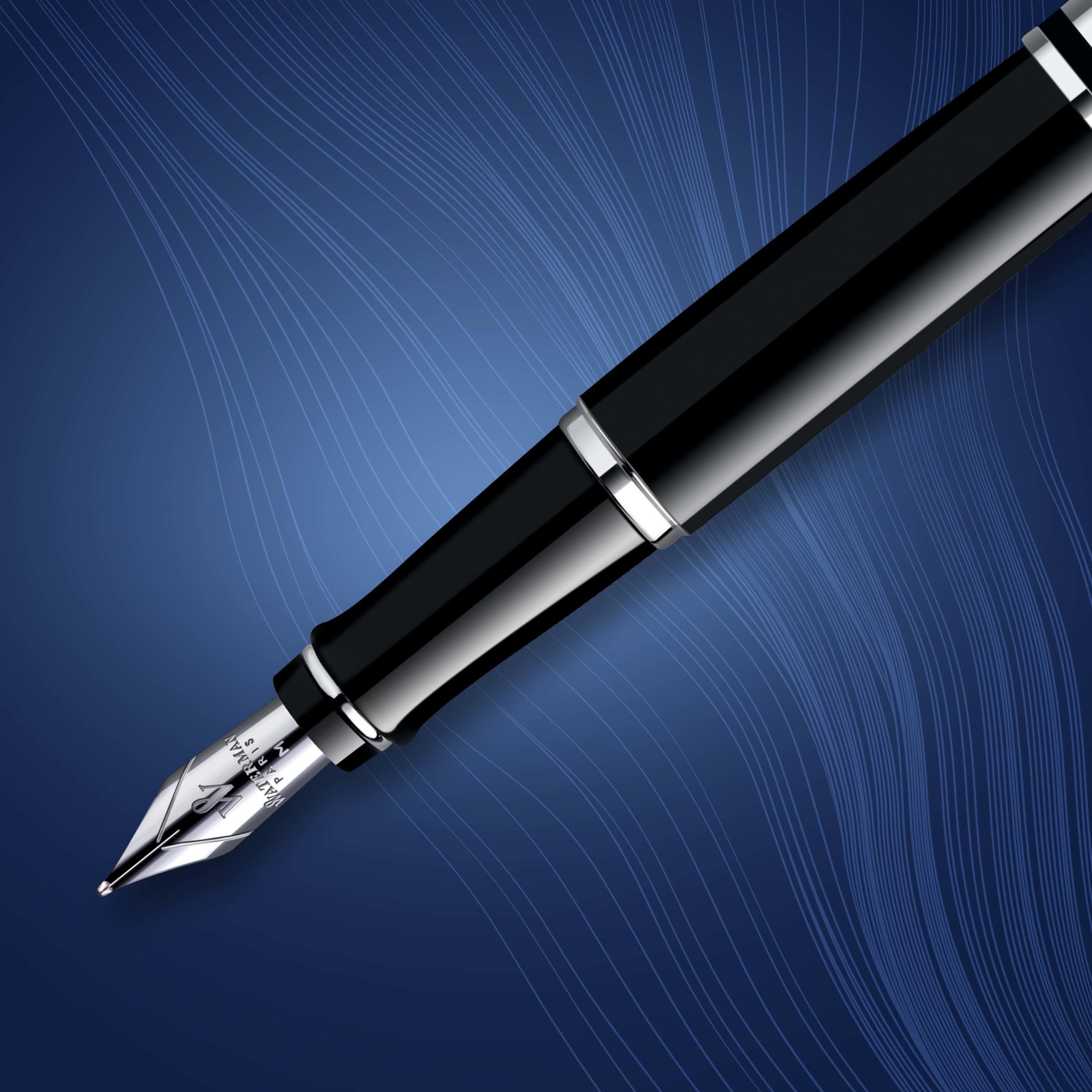 Waterman Expert Fountain Pen - Gloss Black with Chrome Trim, Medium Nib & Blue Ink Cartridge - Premium Gift Box for Writing Enthusiasts | Perfect for Business Signatures, Journaling & Elegant Gifts