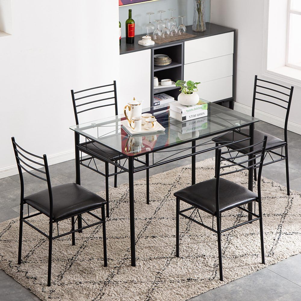 5-Piece Glass Dining Table Set with 4 PU Cushion Chairs - Modern Wooden Kitchen & Dining Room Furniture for Small Spaces in Black - Perfect for Apartments, Breakfast Nooks & Cozy Family Meals