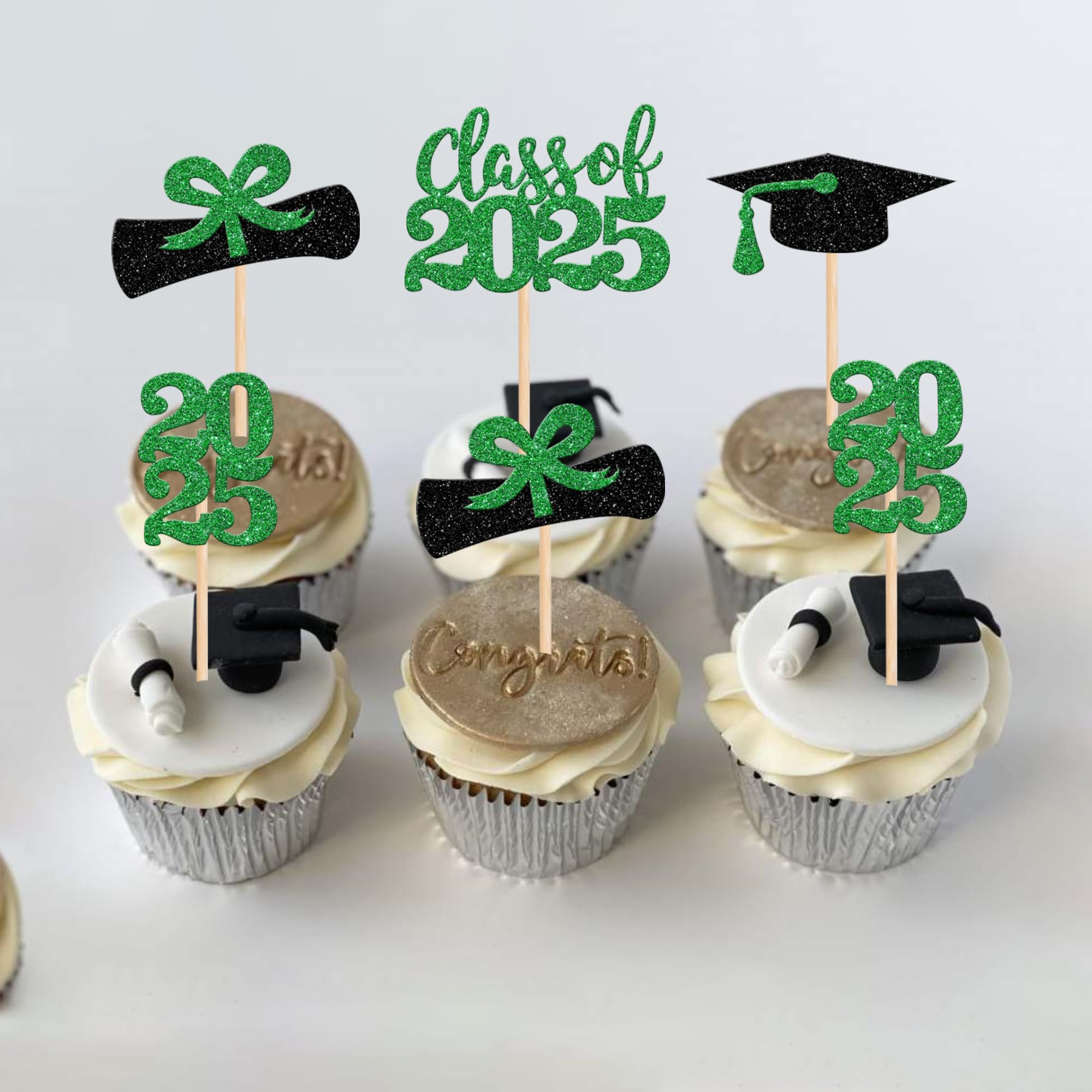 36 PCS 2025 Graduation Cupcake Toppers - Glitter Class of 2025 Caps & Diplomas Cake Decorations - Green Graduation Party Supplies for High School & College Celebrations, Birthday Cakes, Dessert Decor