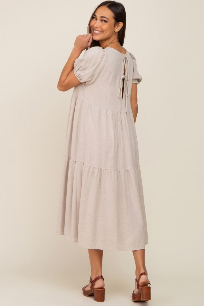 Beige Linen Maternity Dress Short Sleeve Tiered Back Tie Midi Dress for Pregnancy - Perfect for Baby Showers, Maternity Photos & Summer Outfits