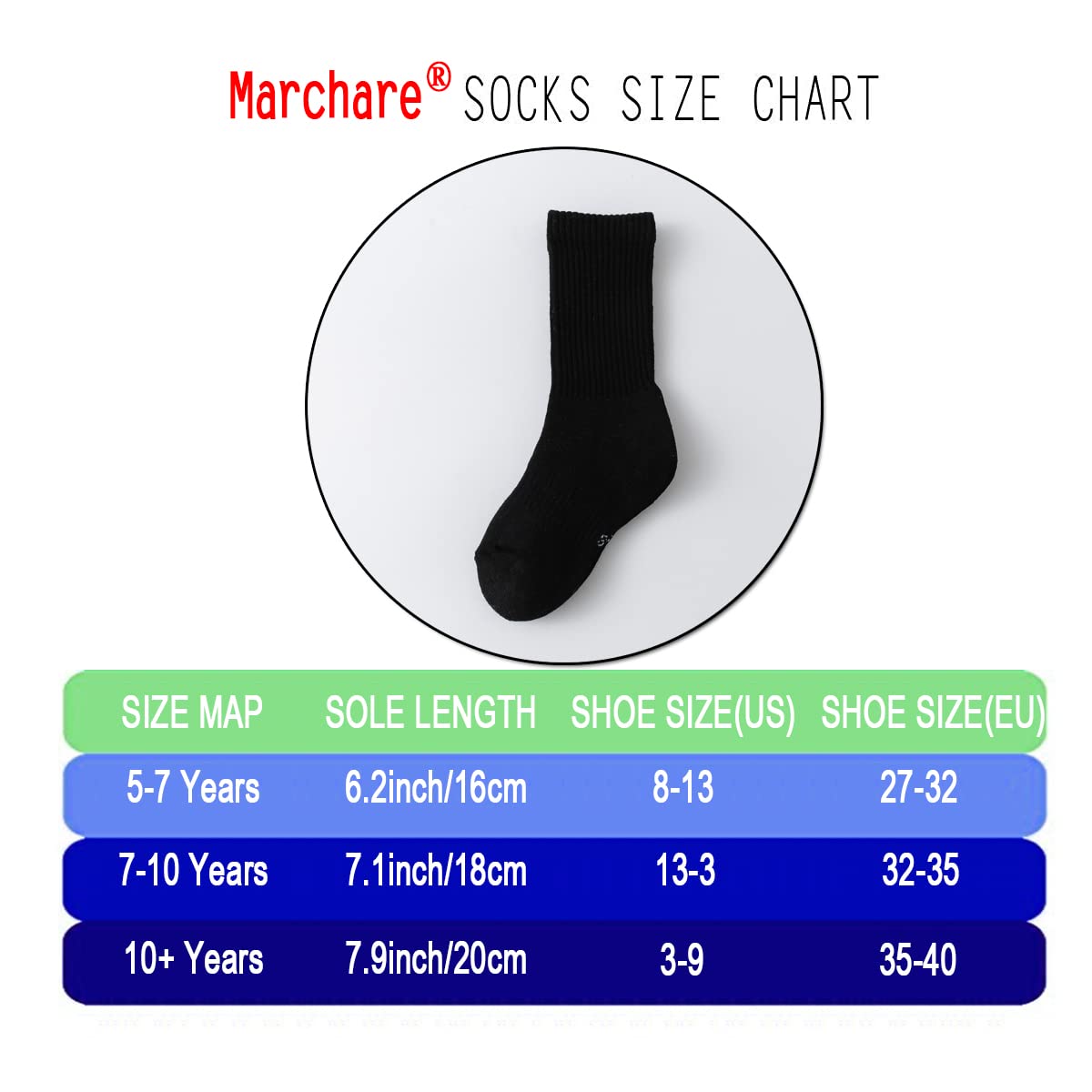 Marchare Boys & Girls Athletic Running Socks - 6 Pack Cushioned Crew Socks for Kids, Thick Cotton Comfort, Black/White - Perfect for Sports, School & Daily Activities
