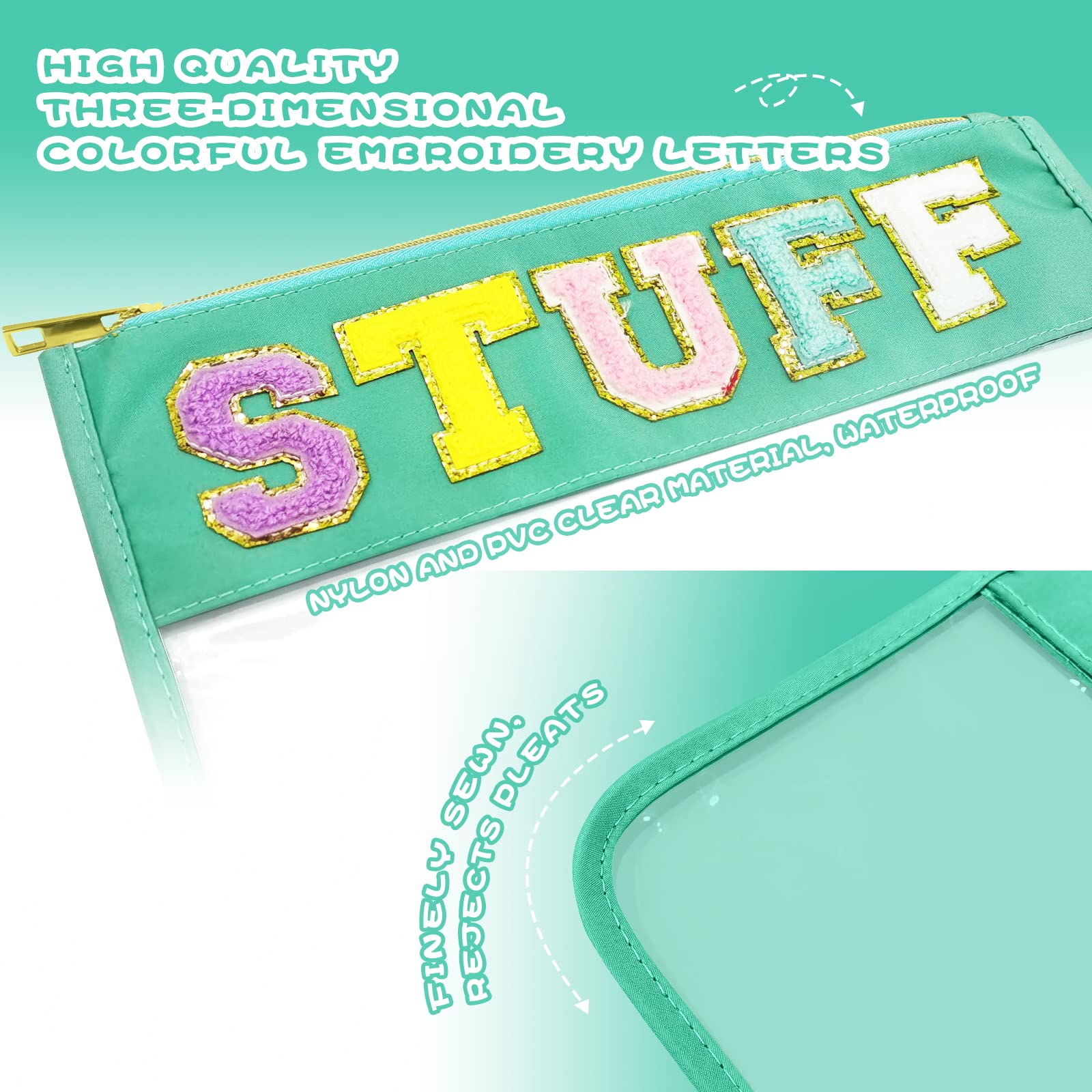 LSxia Chenille Letter Clear Travel Zipper Pouch - Waterproof Nylon Makeup Bag for Women & Girls | Preppy Cosmetic & Toiletry Organizer | Perfect for Travel, Gym, School & Daily Use (Green-Stuff)