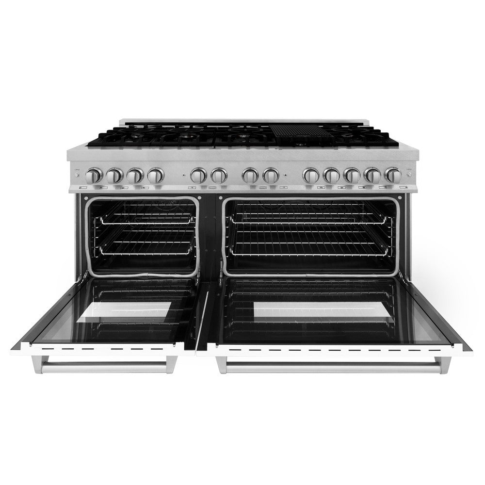 ZLINE 60-inch 7.4 cu.ft Dual Fuel Range with 9-Burner Gas Cooktop & 2 Electric Convection Ovens - Satin Stainless Steel with White Matte Doors (RAS-WM-60) | Professional Kitchen Appliance for Home Chefs & Cooking Enthusiasts