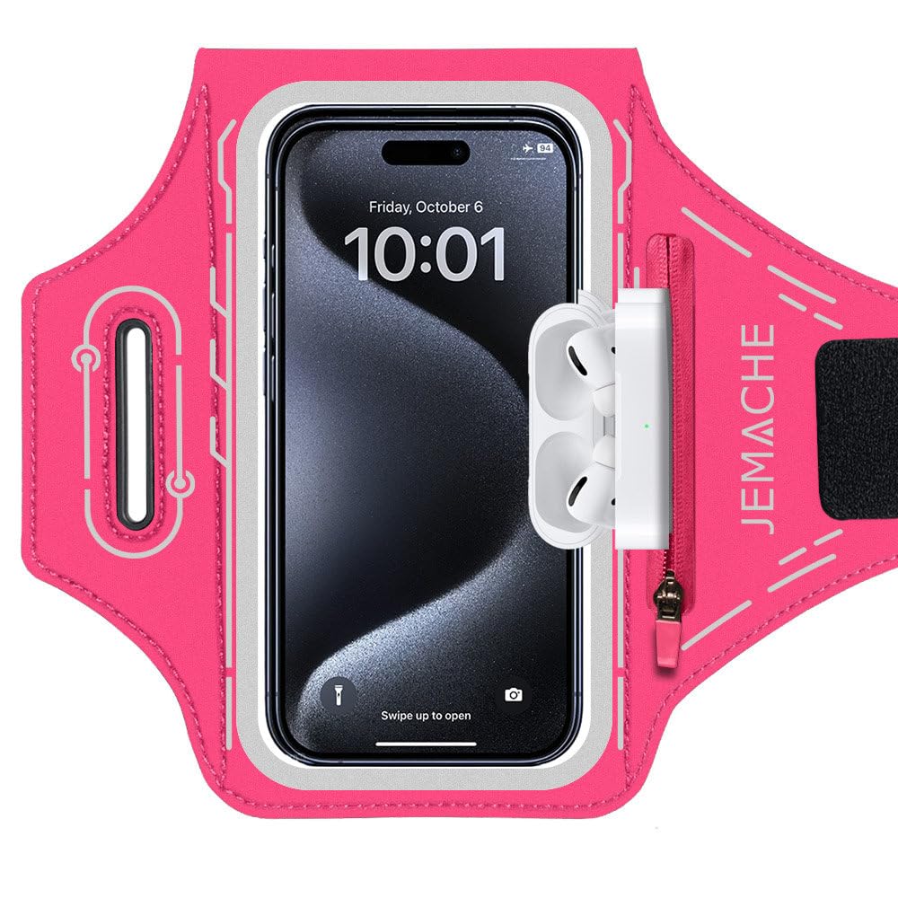 JEMACHE iPhone 16 Pro Max Armband - Running Phone Holder for iPhone 16/15/14 Plus & 16/15/14/13/12/11 Pro Max with AirPods Case - Gym Workout, Jogging, Cycling & Fitness Accessories (Rosy Pink)