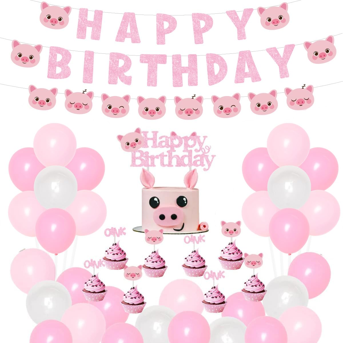 Pink Pig Birthday Party Decorations - Happy Birthday Banner, Garland & Cake Toppers for Girls Birthday, Baby Shower | Perfect for Themed Parties, 1st Birthday Celebrations & Nursery Decor
