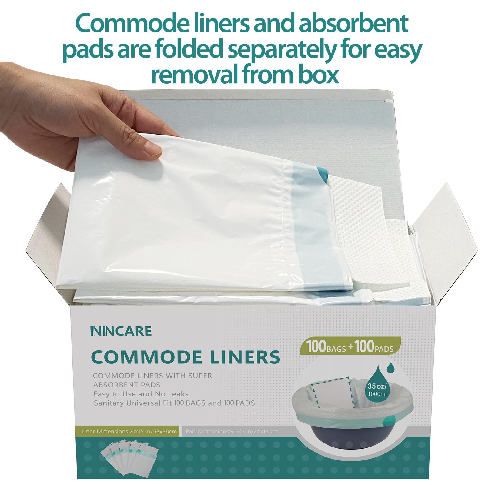 **Disposable Commode Liners with Absorbent Pads - 100 Count Value Pack, Universal Fit for Adult Portable Toilets & Bedside Commodes (100 Bags + 100 Pads) - Ideal for Home Care, Elderly, and Post-Surgery Use**