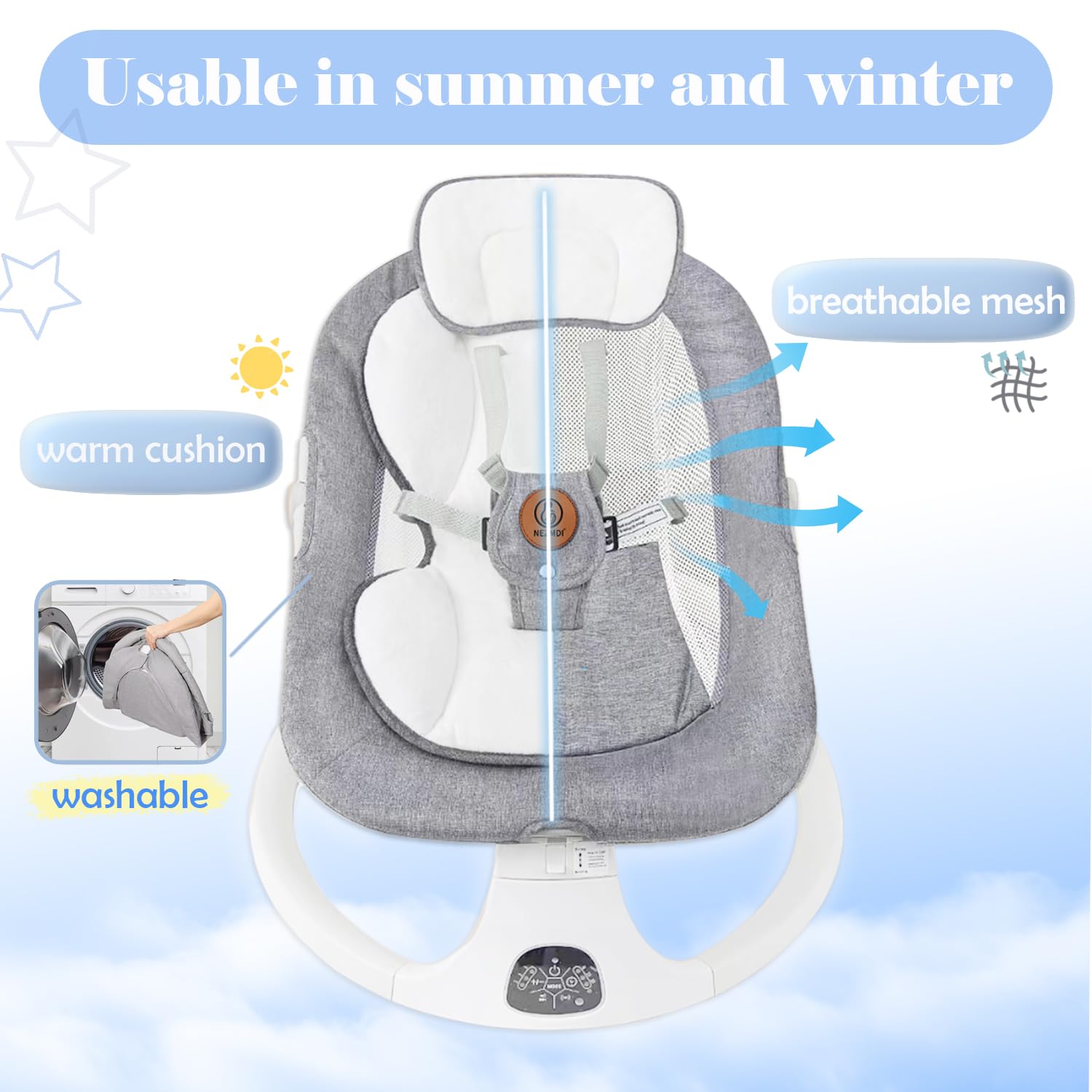 Electric Baby Swing and Bouncer with Remote Control - 5 Speed Levels, 3 Adjustable Seat Positions, Breathable Mesh for Infants to Toddlers (0-36 Months) - Indoor & Outdoor Portable Rocker for Nursery, Travel, and Playtime - Gray